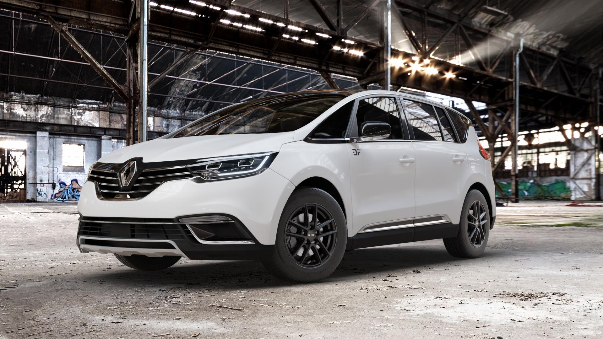 Platin Wheels P 73 racing-schwarz Felge mit Reifen in 17Zoll Winterfelge Alufelge auf weissem Renault Espace V Typ RFC Facelift ⬇️ mit 15mm Tieferlegung ⬇️ Old Industrial Hall_max_5300mm_2024 Frontansicht_1