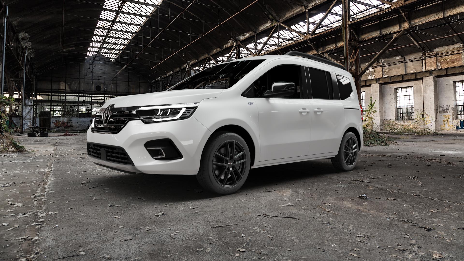 Platin Wheels P 73 racing-schwarz Felge mit Reifen in 17Zoll Winterfelge Alufelge auf weissem Renault Kangoo III Typ RFK ⬇️ mit 15mm Tieferlegung ⬇️ Old Industrial Hall_max5000mm_2022 Frontansicht_1