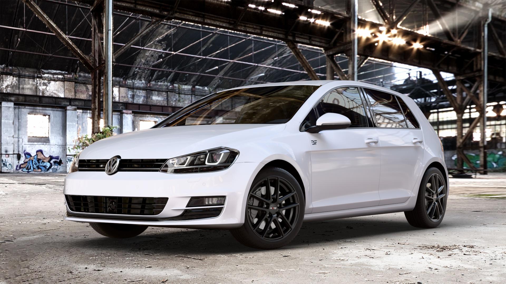 Platin Wheels P 73 racing-schwarz Felge mit Reifen in 17Zoll Winterfelge Alufelge auf weissem Volkswagen (VW) Golf 7 ⬇️ mit 15mm Tieferlegung ⬇️ Old Industrial Hall_max_4400mm_2024 Frontansicht_1