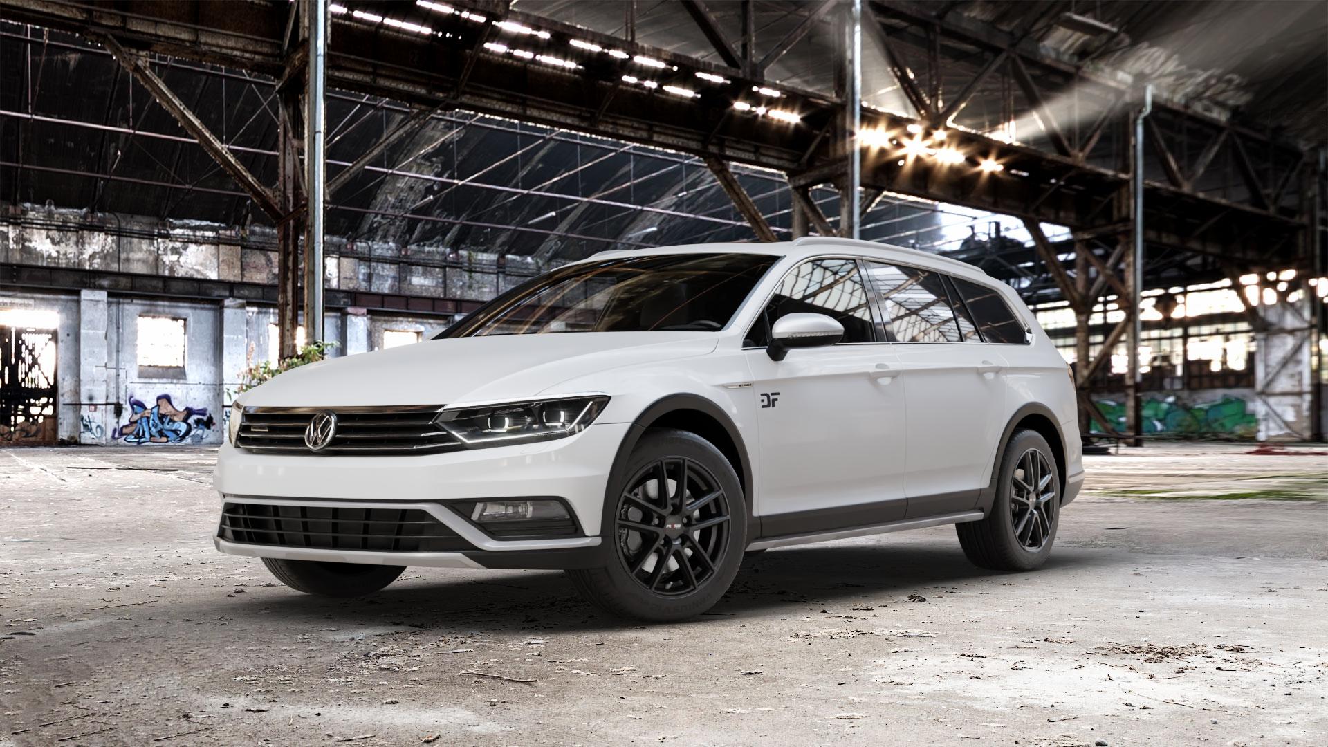 Platin Wheels P 73 racing-schwarz Felge mit Reifen in 17Zoll Winterfelge Alufelge auf weissem Volkswagen (VW) Passat 3C/B8 Alltrack ⬇️ mit 15mm Tieferlegung ⬇️ Old Industrial Hall_max_5300mm_2024 Frontansicht_1