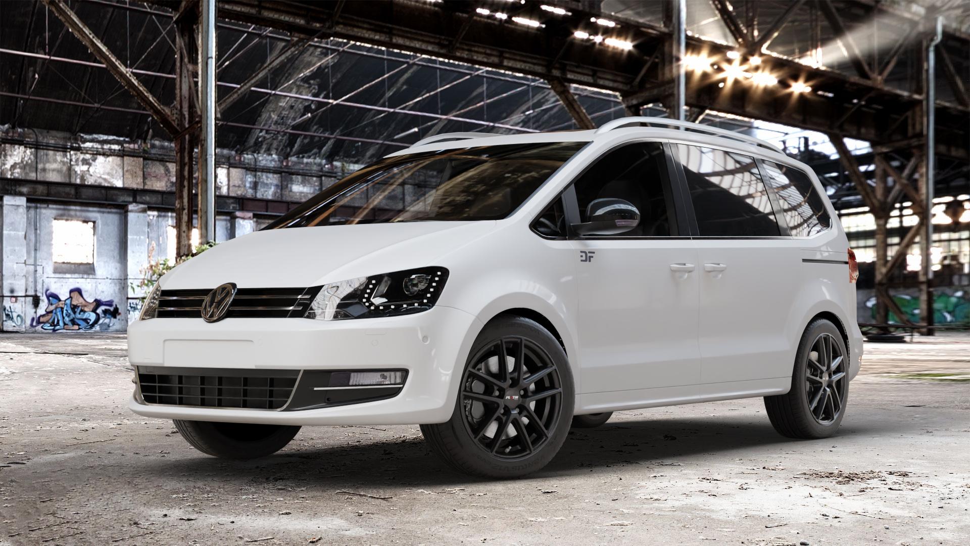 Platin Wheels P 73 racing-schwarz Felge mit Reifen in 17Zoll Winterfelge Alufelge auf weissem Volkswagen (VW) Sharan III Typ 7N (15->) ⬇️ mit 15mm Tieferlegung ⬇️ Old Industrial Hall_max_4400mm_2024 Frontansicht_1