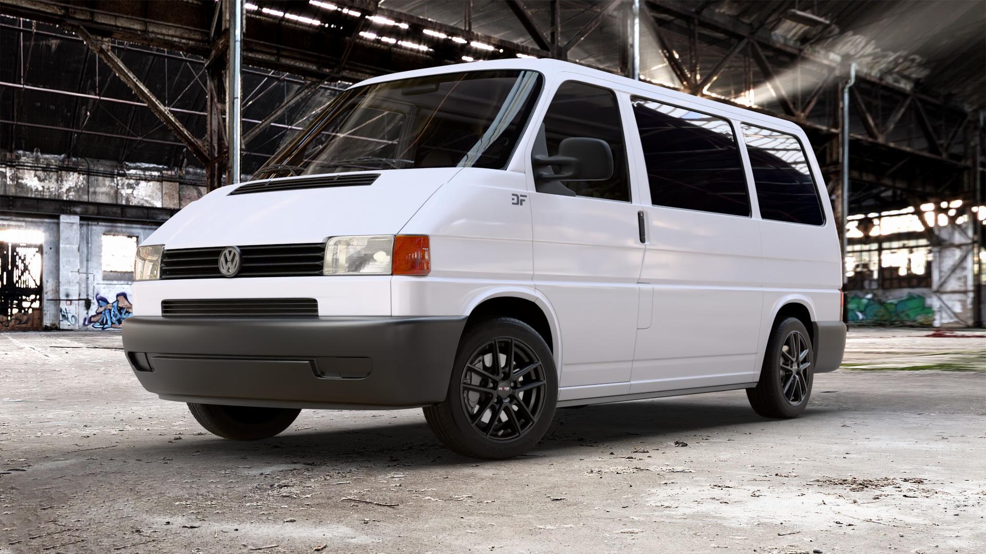 Platin Wheels P 73 racing-schwarz Felge mit Reifen in 17Zoll Winterfelge Alufelge auf weissem Volkswagen (VW) T4 California Caravelle Kleinbus Multivan Krankenwagen ⬇️ mit 15mm Tieferlegung ⬇️ Old Industrial Hall_max_5300mm_2024 Frontansicht_1