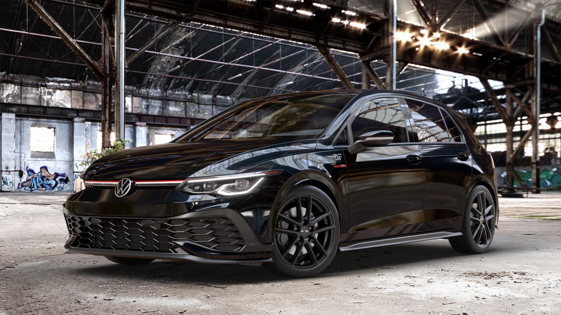 Platin Wheels P 73 racing-schwarz Felge mit Reifen in 18Zoll Winterfelge Alufelge auf schwarzem metallic Volkswagen (VW) Golf 8 2,0l GTI Clubsport 221kW (300 PS) ⬇️ mit 15mm Tieferlegung ⬇️ Old Industrial Hall_max_4400mm_2024 Frontansicht_1