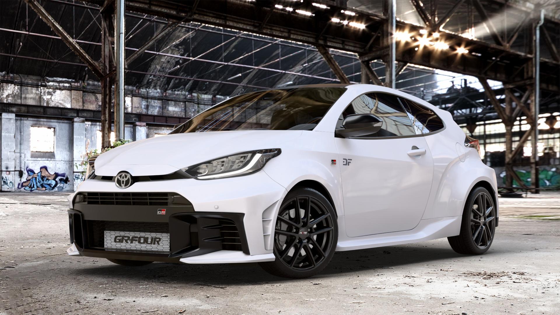 Platin Wheels P 73 racing-schwarz Felge mit Reifen in 18Zoll Winterfelge Alufelge auf weissem Toyota Yaris IV GR Typ XPA1G(EU,M) Facelift ⬇️ mit 15mm Tieferlegung ⬇️ Old Industrial Hall_max_4400mm_2024 Frontansicht_1