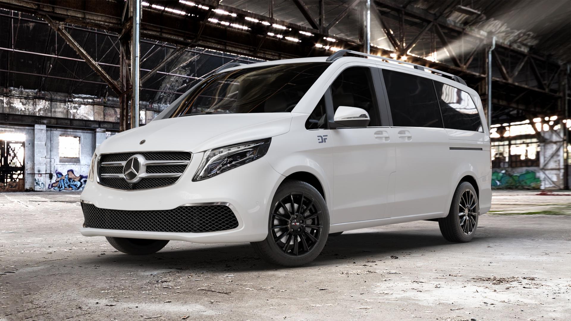 Platin Wheels P 74 black shiny Felge mit Reifen schwarz in 18Zoll Winterfelge Alufelge auf weissem Mercedes V-Klasse Typ W447 Facelift Marco Polo Vito Tourer ⬇️ mit 15mm Tieferlegung ⬇️ Old Industrial Hall_max_5300mm_2024 Frontansicht_1