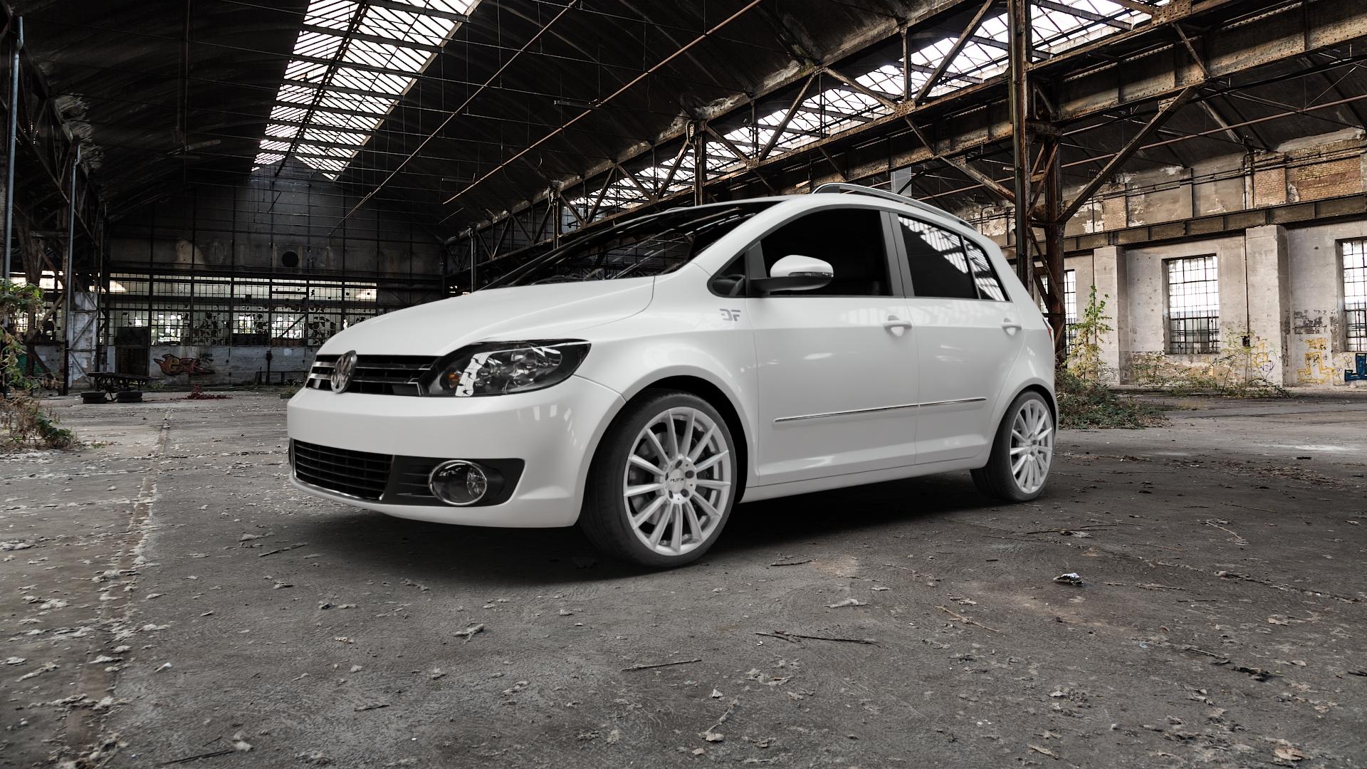 Platin Wheels P 74 silber Felge mit Reifen in 18Zoll Winterfelge Alufelge auf weissem Volkswagen (VW) Golf 6 Plus ⬇️ mit 15mm Tieferlegung ⬇️ Old Industrial Hall_max5000mm_2022 Frontansicht_1