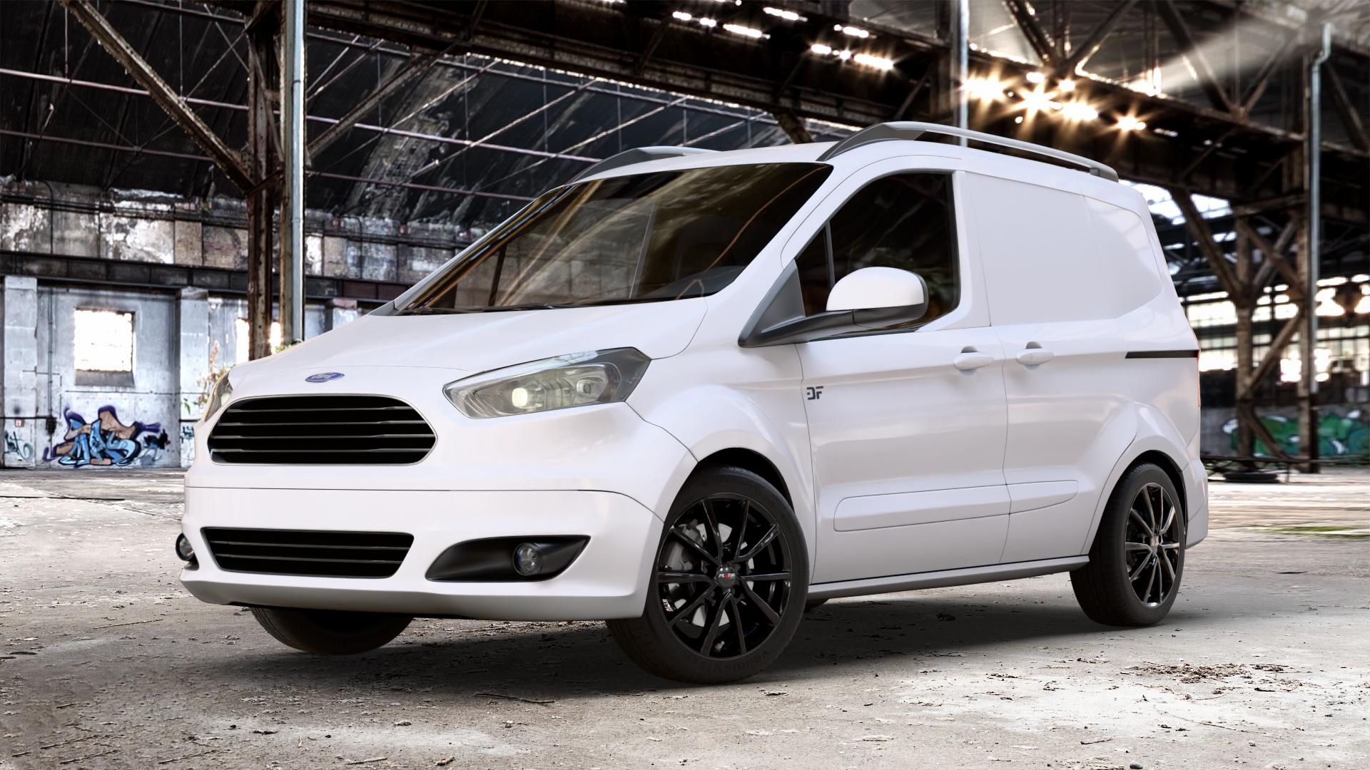 Platin Wheels P 95 diamant-schwarz Felge mit Reifen in 16Zoll Winterfelge Alufelge auf weissem Ford Transit Courier Typ JN8 (14->) JU2 ⬇️ mit 15mm Tieferlegung ⬇️ Old Industrial Hall_max_4400mm_2024 Frontansicht_1