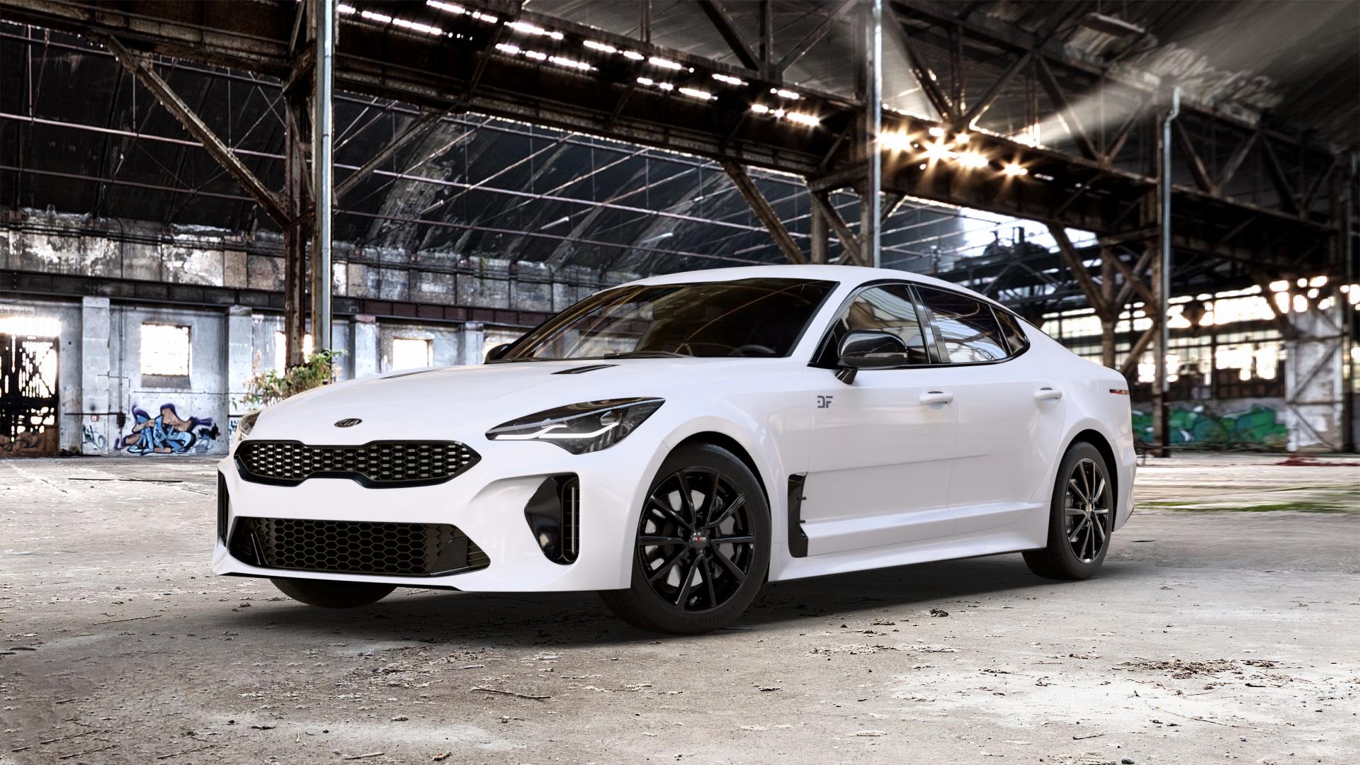 Platin Wheels P 95 diamant-schwarz Felge mit Reifen in 17Zoll Winterfelge Alufelge auf weissem Kia Stinger Typ CK ⬇️ mit 15mm Tieferlegung ⬇️ Old Industrial Hall_max_5300mm_2024 Frontansicht_1