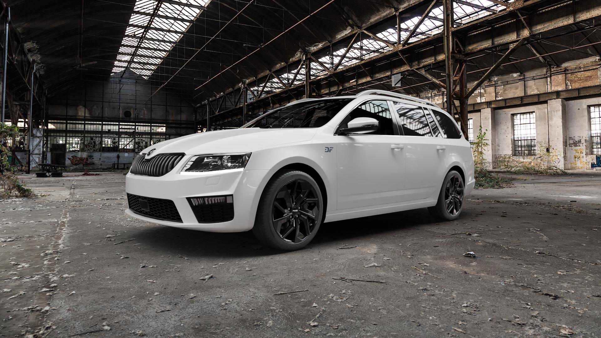 Platin Wheels P 97 black glossy Felge mit Reifen schwarz in 18Zoll Winterfelge Alufelge auf weissem Skoda Octavia III Kombi Typ 5E 2,0l TDI 135kW RS (184 PS) TSI 162kW (220 169kW (230 4x4 Facelift 180kW (245 ⬇️ mit 15mm Tieferlegung ⬇️ Old Industrial Hall_max5000mm_2022 Frontansicht_1