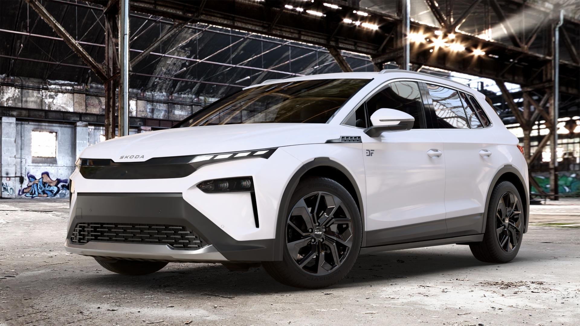 Platin Wheels P 97 black glossy Felge mit Reifen schwarz in 19Zoll Winterfelge Alufelge auf weissem Skoda Elroq Typ NY 0,0l 89kW 85 (121 PS) 70kW 60 (95 50 ⬇️ mit 15mm Tieferlegung ⬇️ Old Industrial Hall_max_4400mm_2024 Frontansicht_1