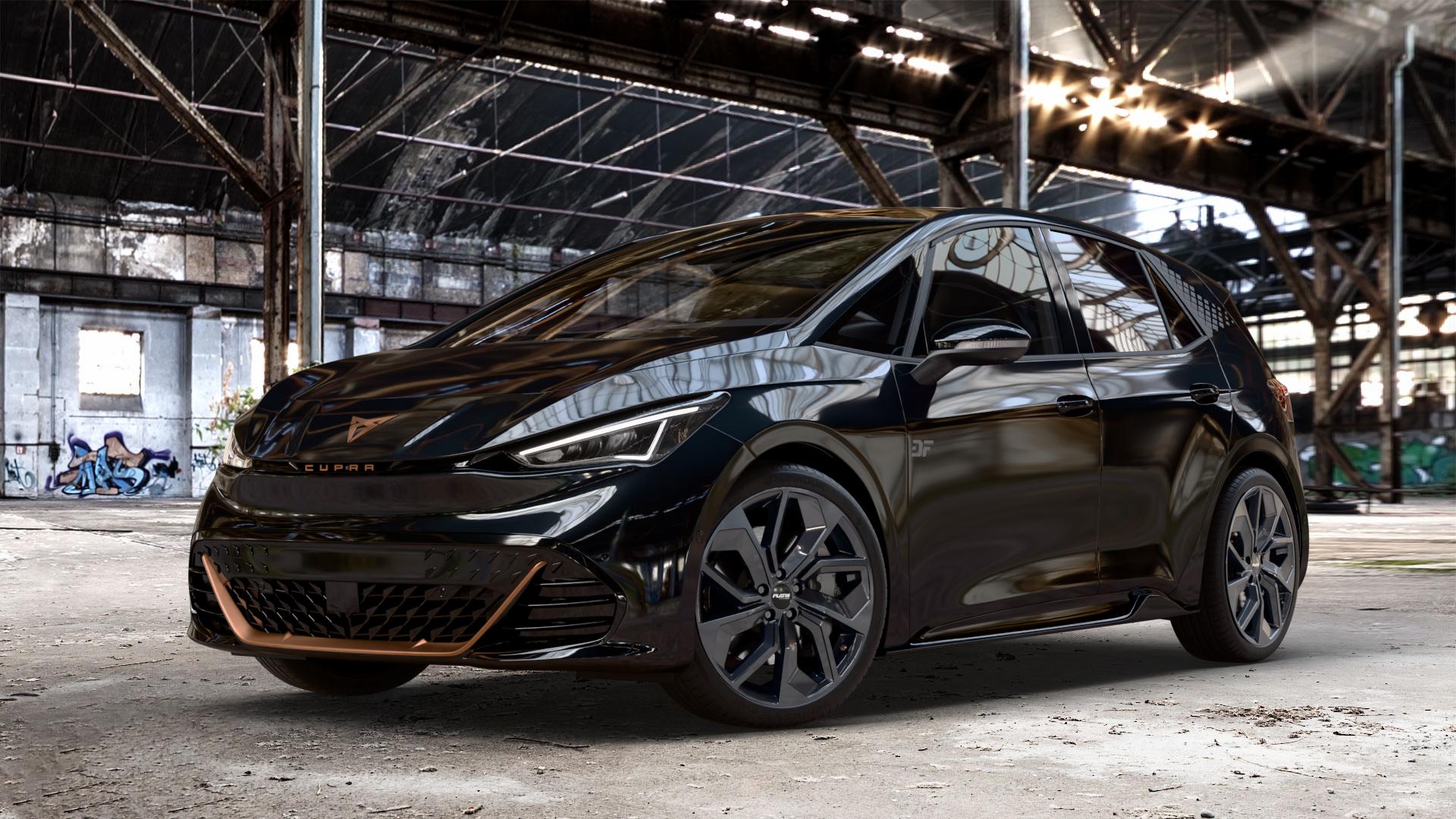 Platin Wheels P 97 black glossy Felge mit Reifen schwarz in 20Zoll Winterfelge Alufelge auf metallic schwarzem Cupra Born Typ K1 ⬇️ mit 15mm Tieferlegung ⬇️ Old Industrial Hall_max_4400mm_2024 Frontansicht_1