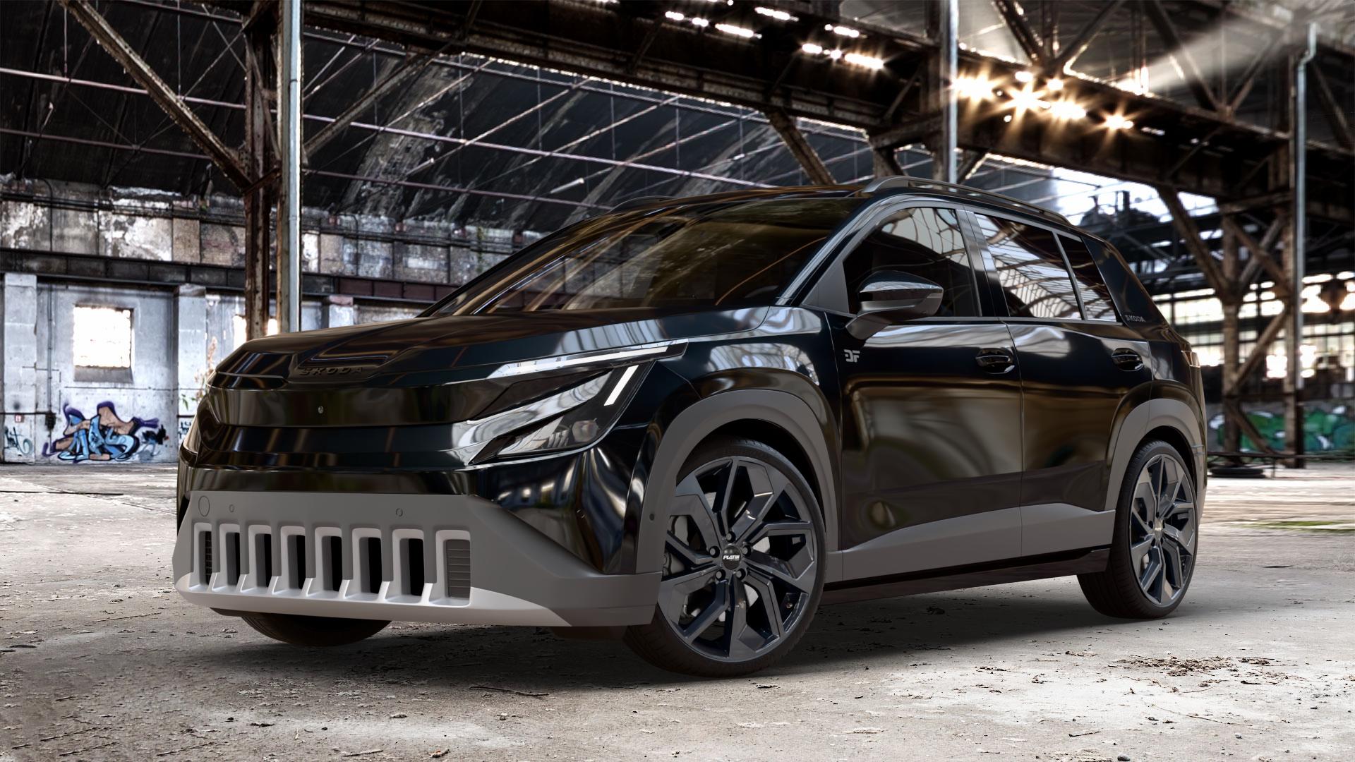 Platin Wheels P 97 black glossy Felge mit Reifen schwarz in 20Zoll Winterfelge Alufelge auf metallic schwarzem Skoda Epiq Typ PX ⬇️ mit 15mm Tieferlegung ⬇️ Old Industrial Hall_max_4400mm_2024 Frontansicht_1