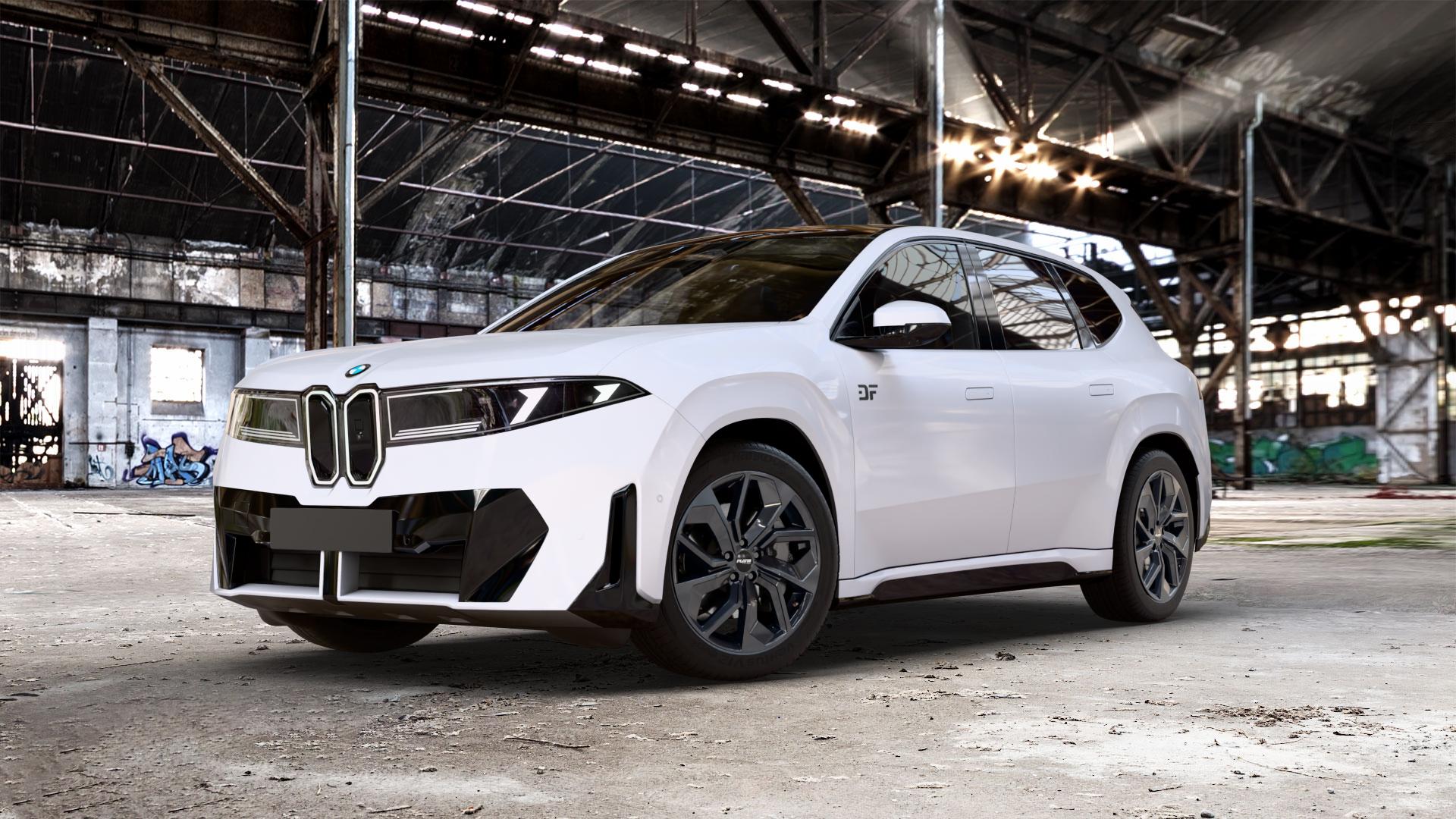 Platin Wheels P 97 black glossy Felge mit Reifen schwarz in 20Zoll Winterfelge Alufelge auf Weiss Uni BMW iX3 (N-XA) ⬇️ mit 15mm Tieferlegung ⬇️ Old Industrial Hall_max_5300mm_2024 Frontansicht_1
