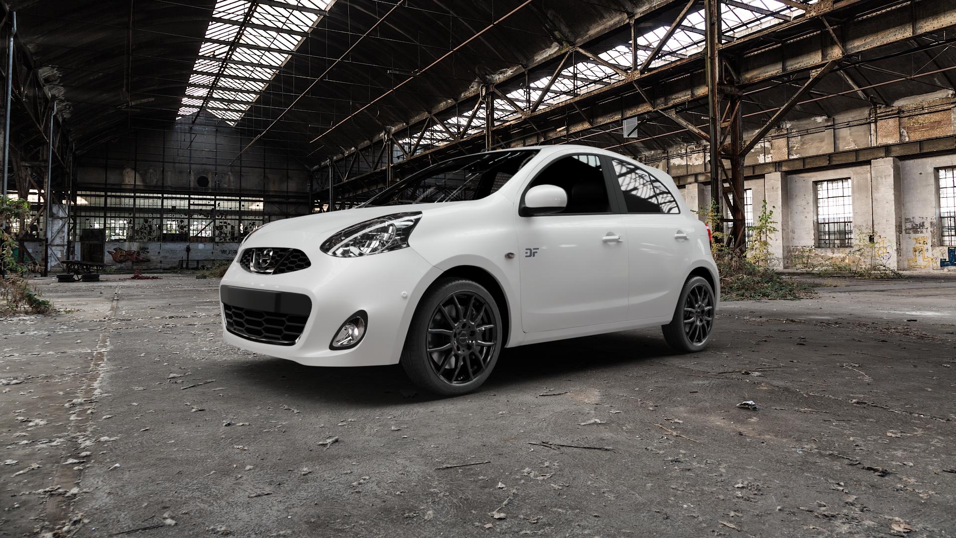 ProLine Wheels AX100 Black Glossy Felge mit Reifen schwarz in 17Zoll Winterfelge Alufelge auf weissem Nissan Micra Typ K13 ⬇️ mit 15mm Tieferlegung ⬇️ Old Industrial Hall_max5000mm_2022 Frontansicht_1
