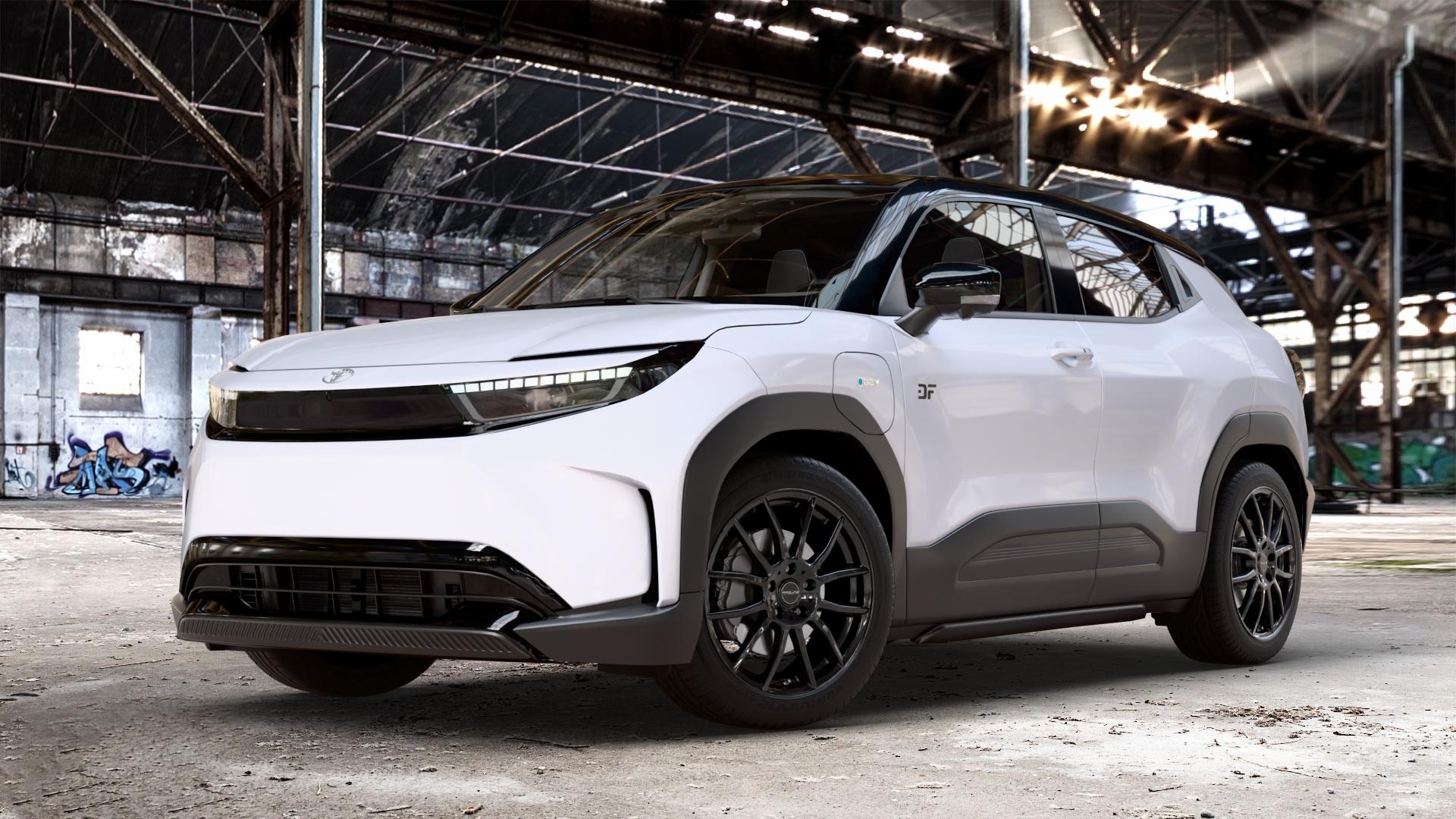 ProLine Wheels AX100 Black Glossy Felge mit Reifen schwarz in 19Zoll Winterfelge Alufelge auf weissen Toyota Urban Cruiser Typ BP ⬇️ mit 15mm Tieferlegung ⬇️ Old Industrial Hall_max_4400mm_2024 Frontansicht_1