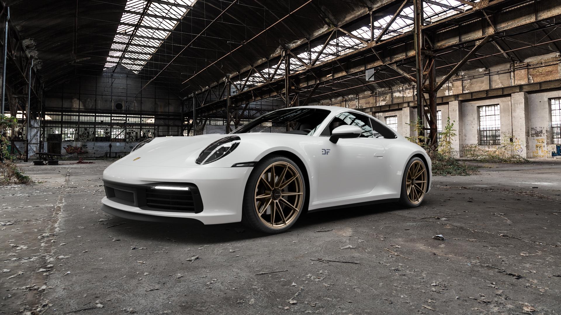 ProLine Wheels PFZ FORGED matt bronce medium Felge mit Reifen bronze in 20Zoll Winterfelge Alufelge auf weissem Porsche 911 Typ 992 Cabriolet 992TR Targa Facelift ⬇️ mit 15mm Tieferlegung ⬇️ Old Industrial Hall_max5000mm_2022 Frontansicht_1