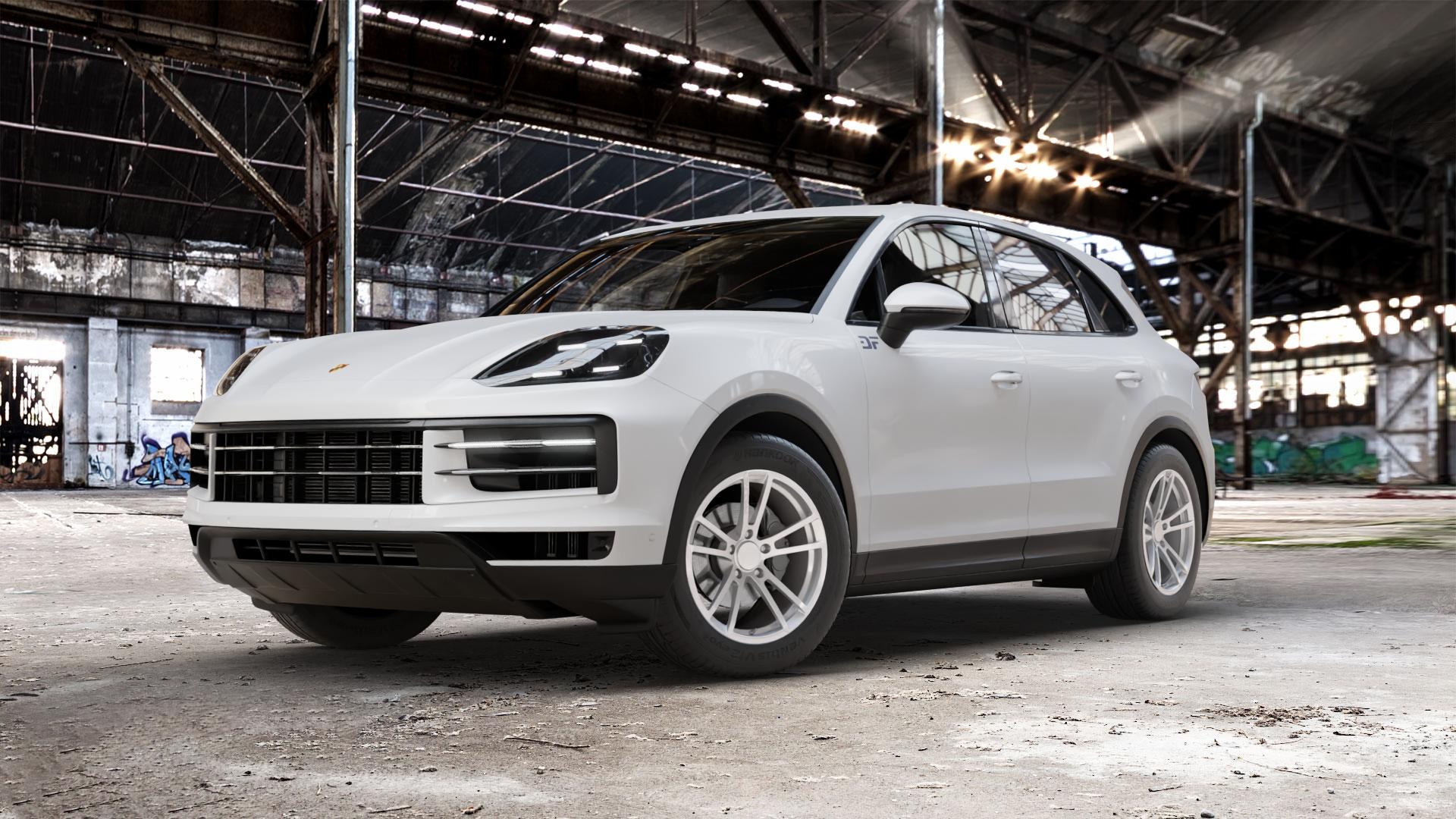 ProLine Wheels RAR3 Forged speed silver Felge mit Reifen silber in 19Zoll Winterfelge Alufelge auf weissem Porsche Cayenne III Typ 9YA Facelift ⬇️ mit 15mm Tieferlegung ⬇️ Old Industrial Hall_max_5300mm_2024 Frontansicht_1