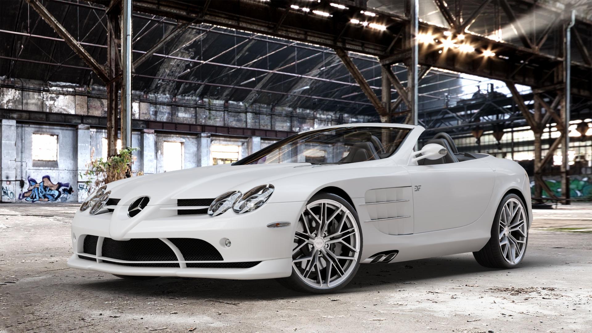 Raffa Wheels RF-02 Silver Felge mit Reifen silber in 20Zoll Winterfelge Alufelge auf weissem Mercedes SLR Typ R199 Roadster ⬇️ mit 15mm Tieferlegung ⬇️ Old Industrial Hall_max_4400mm_2024 Frontansicht_1