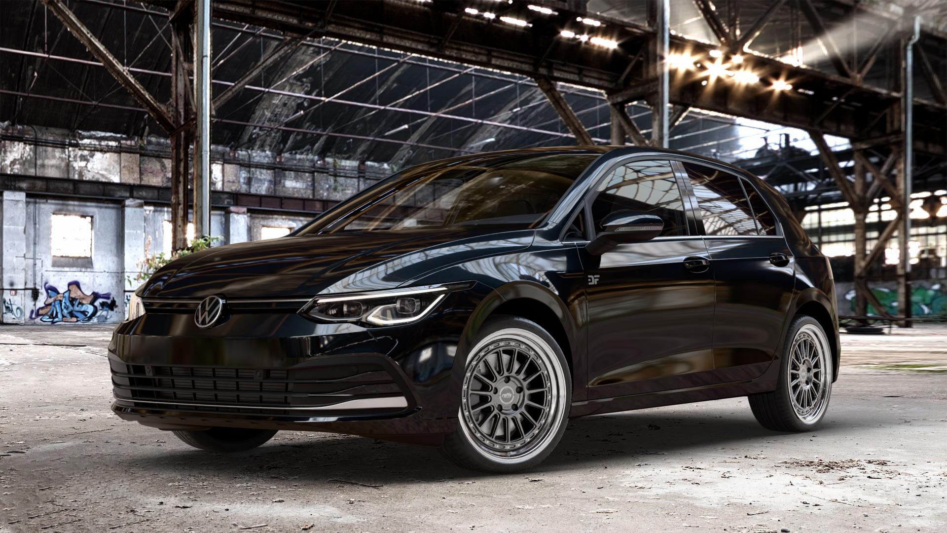 Raffa Wheels RF-04 Grey Polished Felge mit Reifen grau mehrfarbig in 19Zoll Alufelge auf metallic schwarzem Volkswagen (VW) Golf 8 1,5l TSI 96kW (131 PS) 110kW (150 2,0l TDI 85kW (116 Mild-Hybrid 1,0l 81kW (110 66kW (90 1,4l Hybrid TGI 4Motion 140kW (190 ⬇️ mit 15mm Tieferlegung ⬇️ Old Industrial Hall_max_4400mm_2024 Frontansicht_1