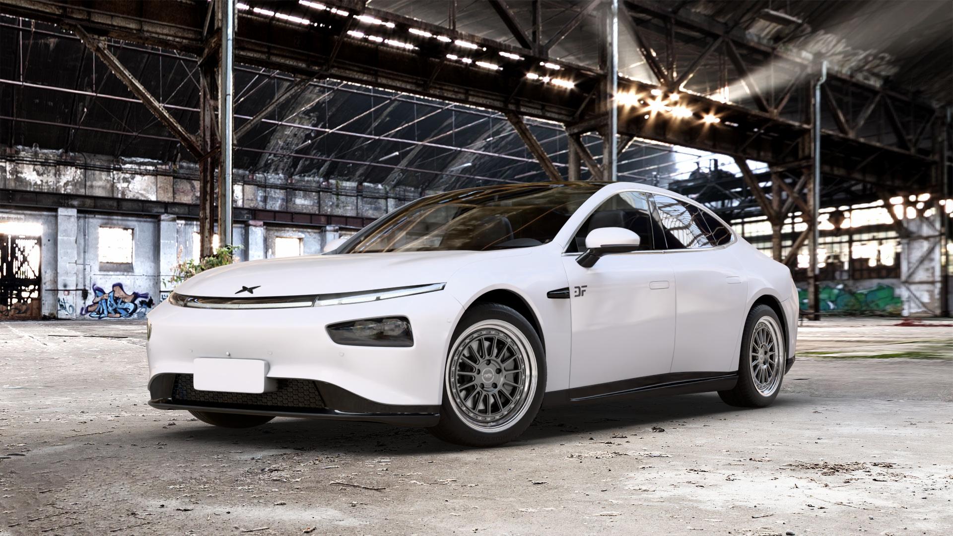 Raffa Wheels RF-04 Grey Polished Felge mit Reifen grau mehrfarbig in 19Zoll Alufelge auf weissem Xpeng P7 Typ P7B 0,0l 80kW (109 PS) 100kW AWD (136 124kW (169 ⬇️ mit 15mm Tieferlegung ⬇️ Old Industrial Hall_max_5300mm_2024 Frontansicht_1