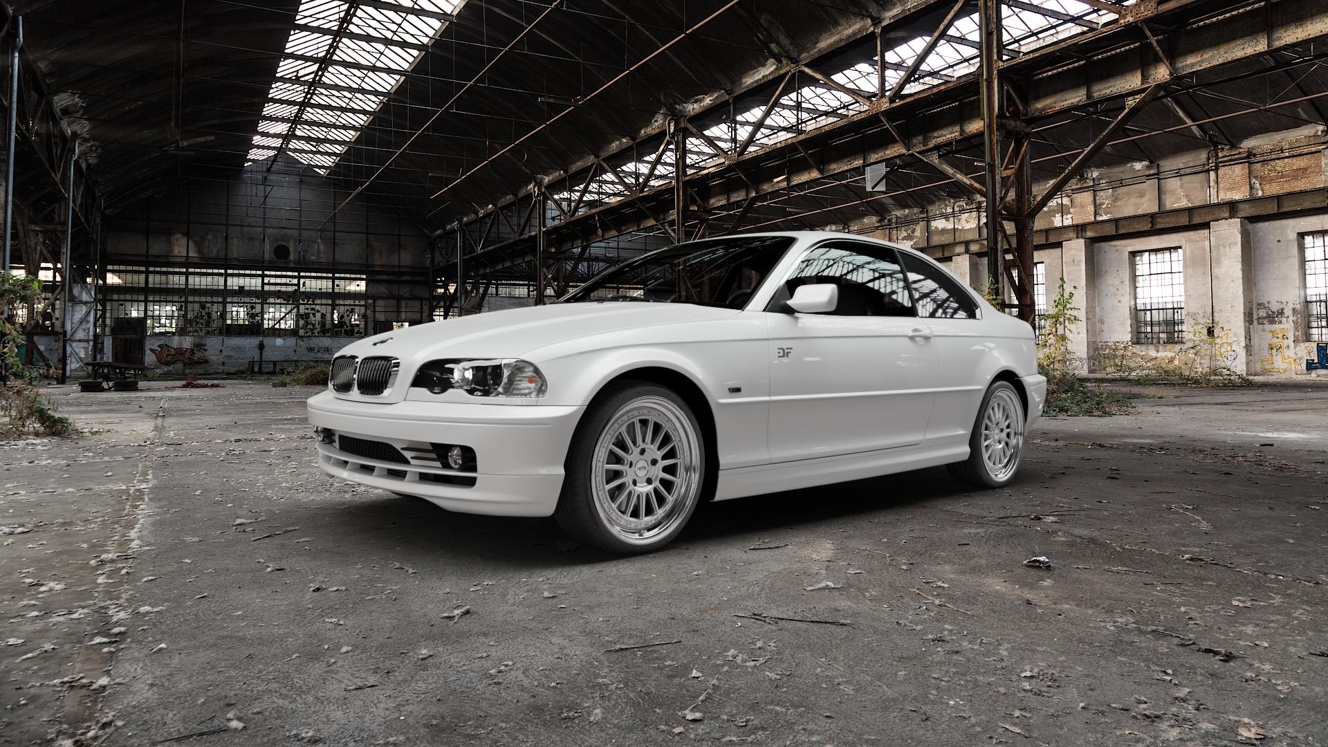 Raffa Wheels RF-04 Silver Polished Felge mit Reifen silber in 19Zoll Alufelge auf weissem BMW M3 Typ E46 (Coupé) 318ci 323ci 328ci 330cd 316ci 320ci 330ci 325ci 320cd CSL 3er Coupé (346C) ⬇️ mit 15mm Tieferlegung ⬇️ Old Industrial Hall_max5000mm_2022 Frontansicht_1