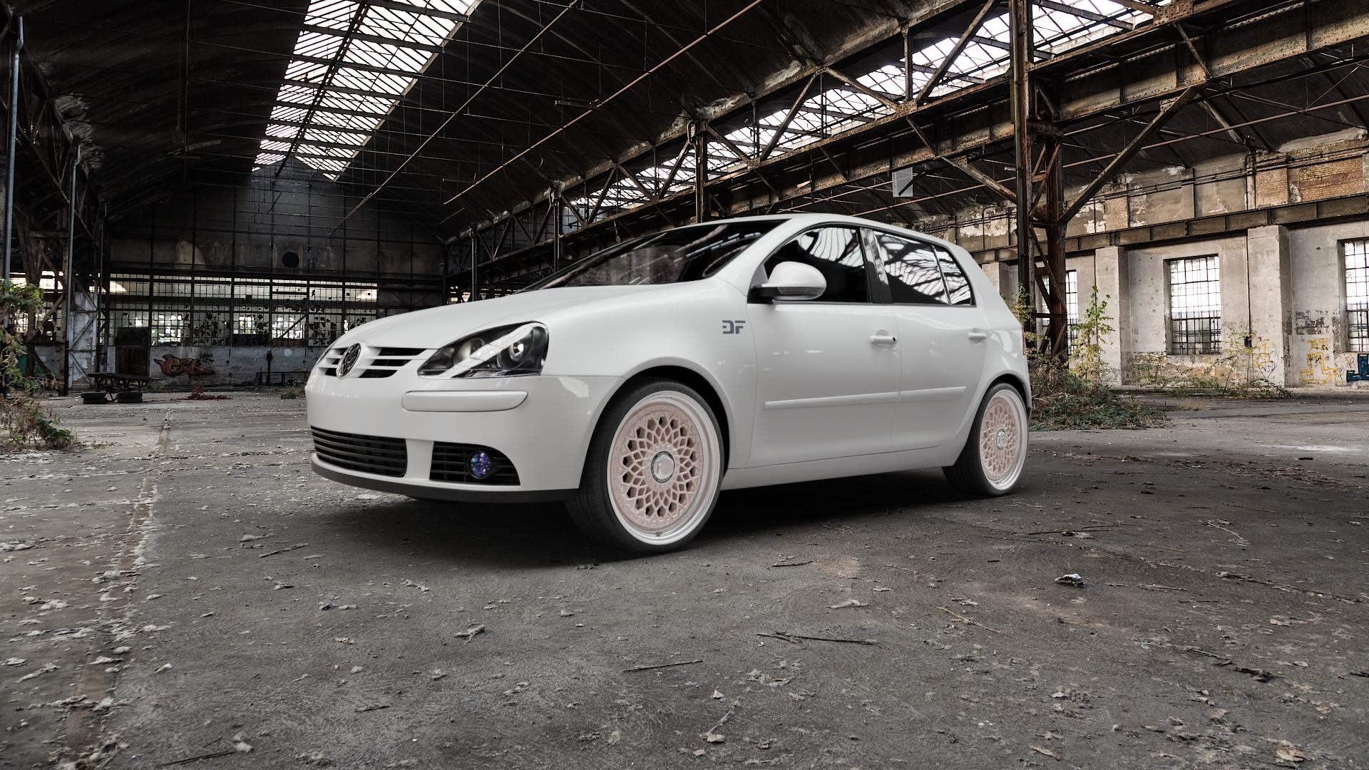 Raffa Wheels RF-09 Champagner Polished Lip Felge mit Reifen gold poliertes Felgenhorn in 19Zoll Alufelge auf weissem Volkswagen (VW) Golf 5 Plus ⬇️ mit 15mm Tieferlegung ⬇️ Old Industrial Hall_max5000mm_2022 Frontansicht_1