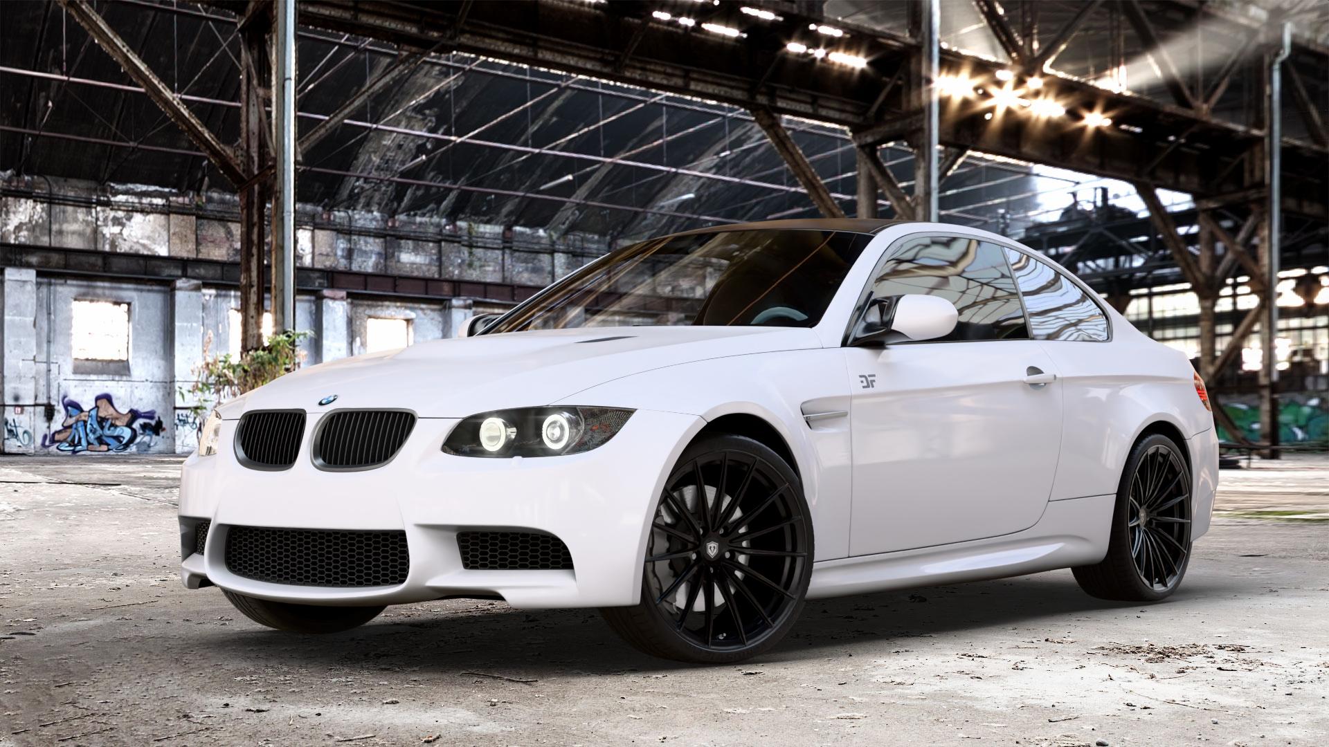 Raffa Wheels RFS-02 Black Matt Felge mit Reifen schwarz in 20Zoll Winterfelge Alufelge auf weissem BMW M3 Typ E92 (Coupe) 4,0l V8 309kW (420 PS) ⬇️ mit 15mm Tieferlegung ⬇️ Old Industrial Hall_max_4400mm_2024 Frontansicht_1