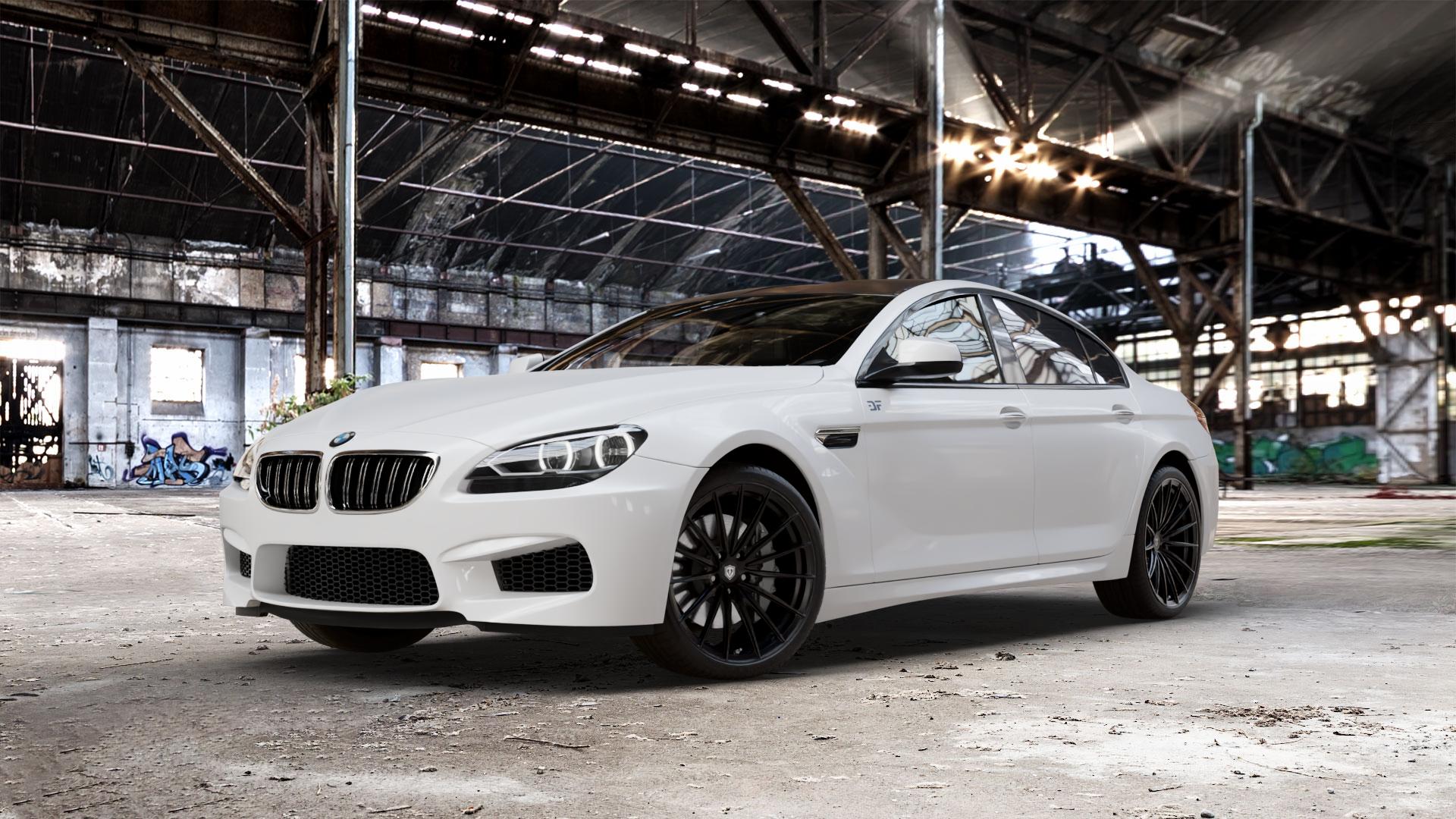 Raffa Wheels RFS-02 Black Matt Felge mit Reifen schwarz in 20Zoll Winterfelge Alufelge auf weissem BMW M6 Gran Coupe Typ F06 4,4l 412kW (560 PS) 423kW Competition (575 441kW Edition 30 (600 ⬇️ mit 15mm Tieferlegung ⬇️ Old Industrial Hall_max_5300mm_2024 Frontansicht_1