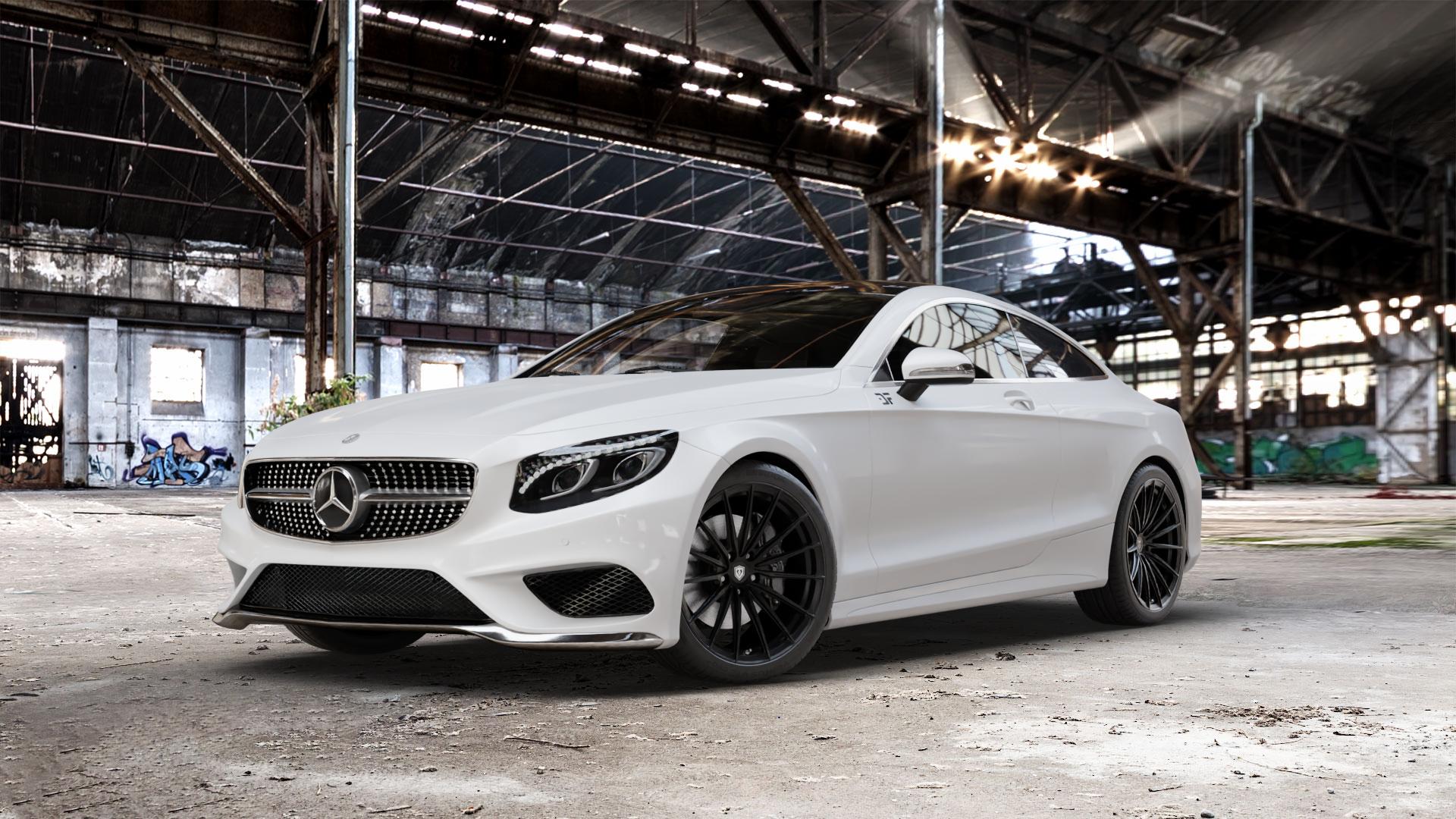 Raffa Wheels RFS-02 Black Matt Felge mit Reifen schwarz in 20Zoll Winterfelge Alufelge auf weissem Mercedes S-Klasse Typ C217 Facelift Coupe ⬇️ mit 15mm Tieferlegung ⬇️ Old Industrial Hall_max_5300mm_2024 Frontansicht_1
