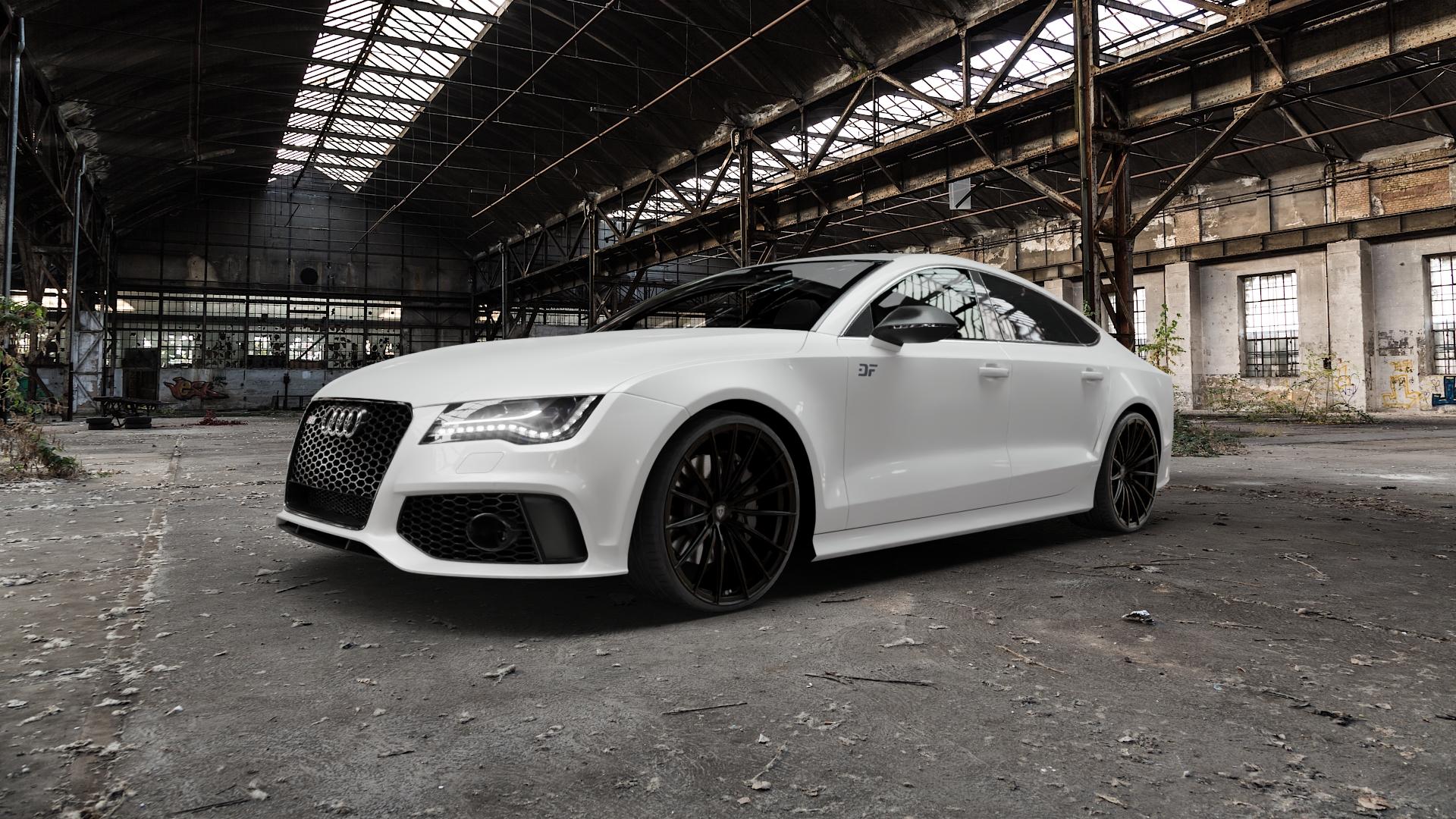 Raffa Wheels RFS-02 Black Matt Felge mit Reifen schwarz in 21Zoll Winterfelge Alufelge auf weissem Audi A7 Typ 4G (Sportback) Facelift 4,0l RS7 TFSI quattro 412kW (560 PS) performance 445kW (605 ⬇️ mit 15mm Tieferlegung ⬇️ Old Industrial Hall_max5000mm_2022 Frontansicht_1