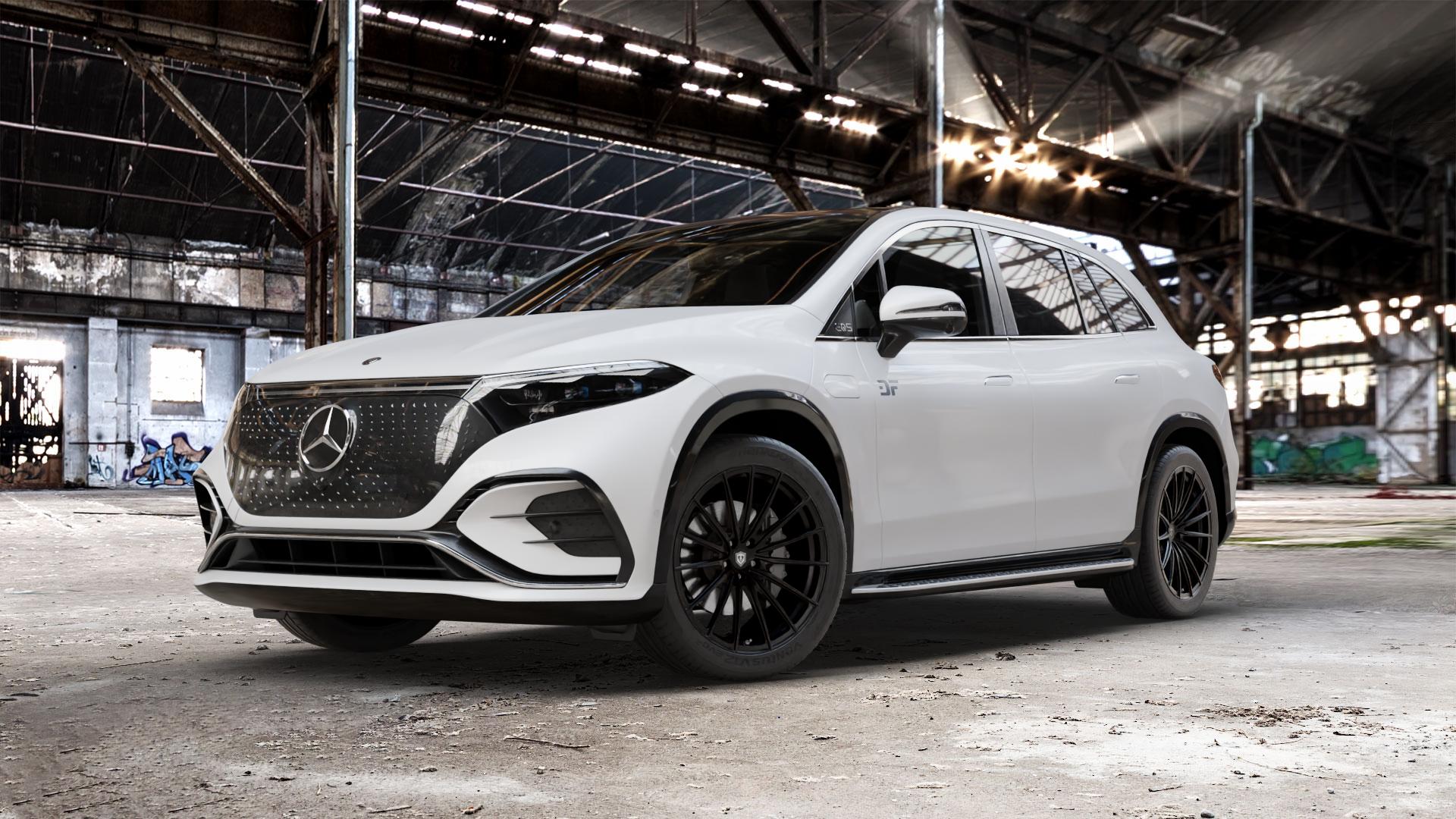 Raffa Wheels RFS-02 Black Matt Felge mit Reifen schwarz in 21Zoll Winterfelge Alufelge auf weissem Mercedes EQS SUV Typ E2EQSX ⬇️ mit 15mm Tieferlegung ⬇️ Old Industrial Hall_max_5300mm_2024 Frontansicht_1