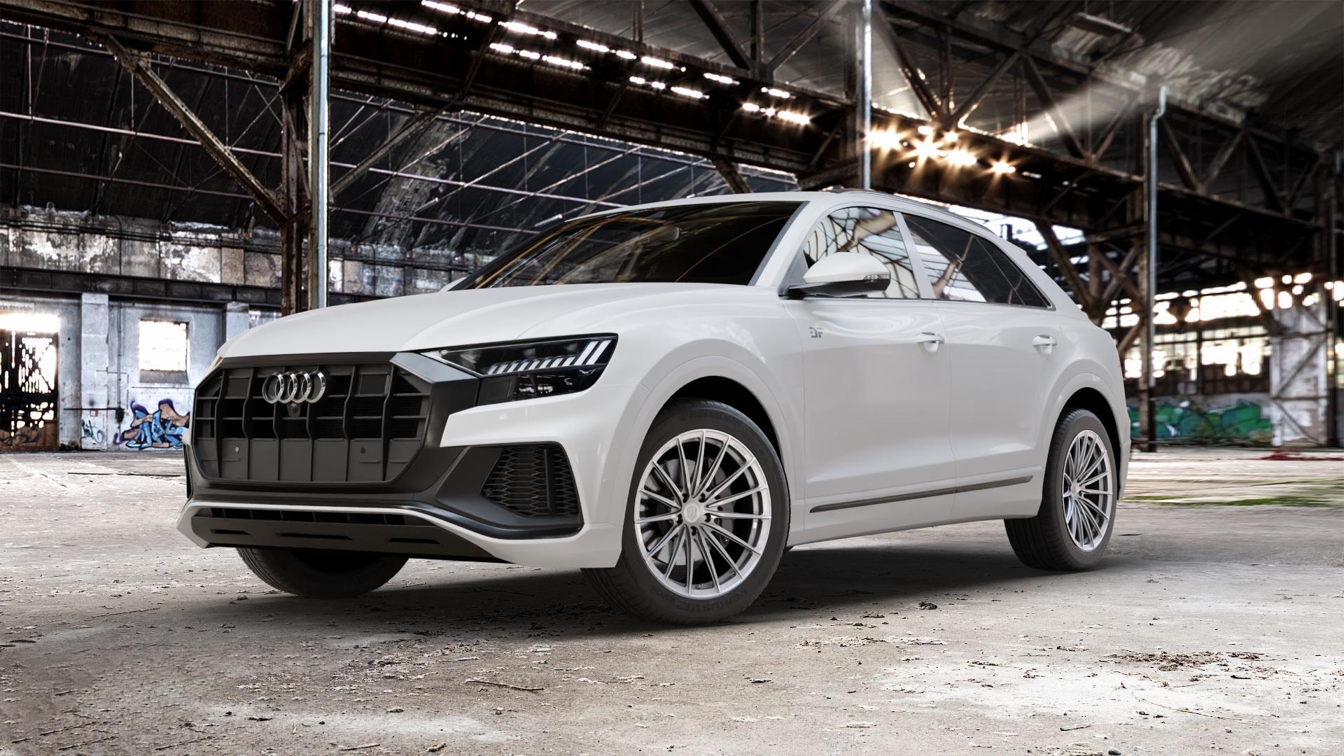 Raffa Wheels RFS-02 Silver Felge mit Reifen silber in 20Zoll Winterfelge Alufelge auf weissem Audi Q8 Typ 4M (4L) ⬇️ mit 15mm Tieferlegung ⬇️ Old Industrial Hall_max_5300mm_2024 Frontansicht_1