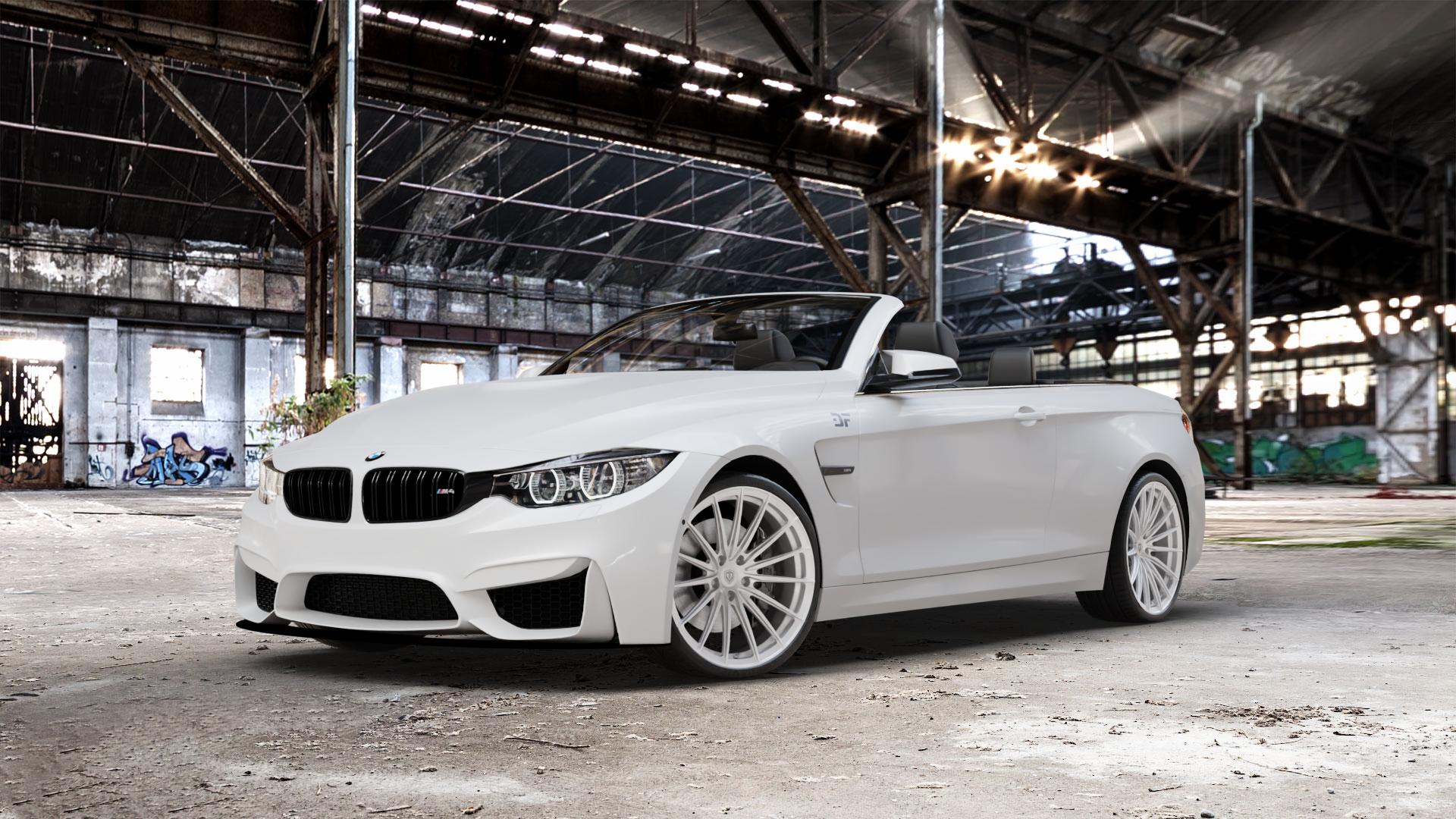 Raffa Wheels RFS-02 Silver Felge mit Reifen silber in 20Zoll Winterfelge Alufelge auf weissem BMW M4 Typ F83 (Cabrio) 3,0l 317kW (431 PS) 331kW Competition (450 ⬇️ mit 15mm Tieferlegung ⬇️ Old Industrial Hall_max_5300mm_2024 Frontansicht_1