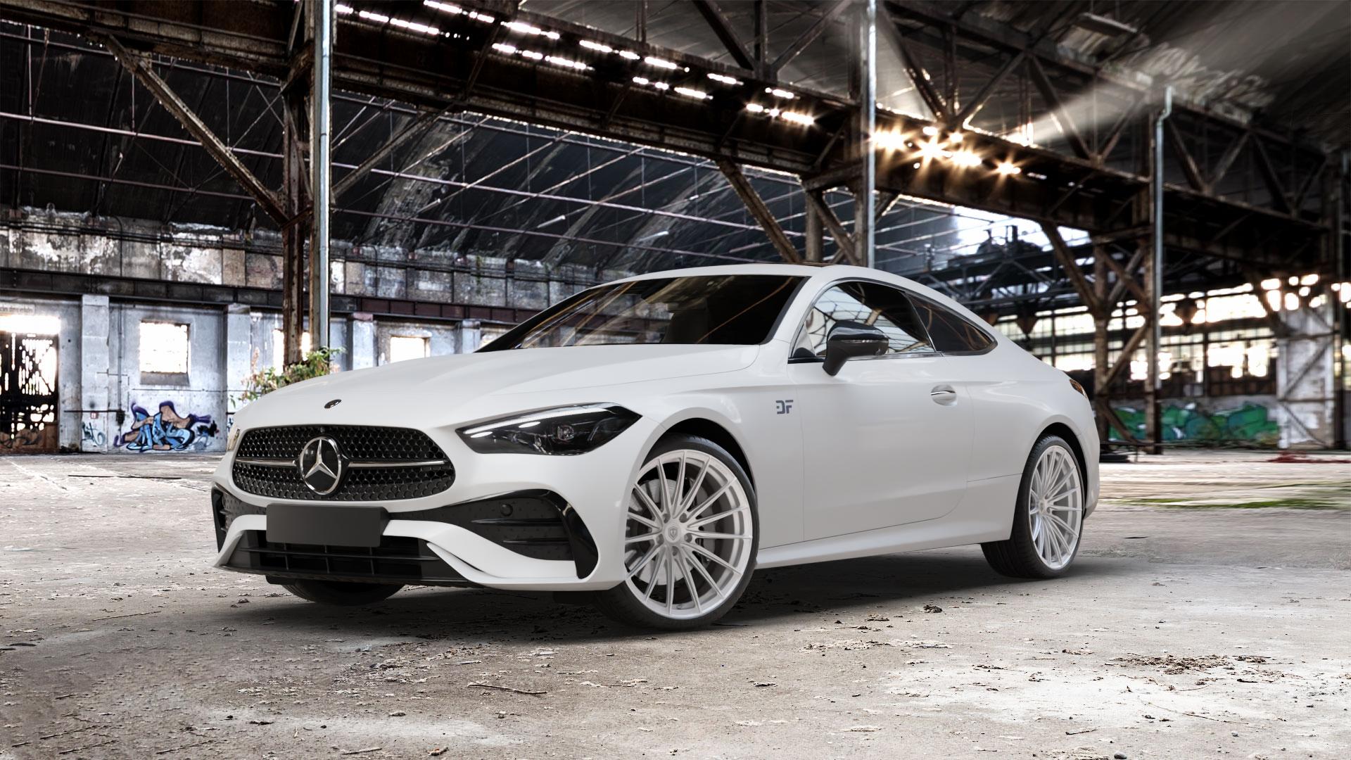 Raffa Wheels RFS-02 Silver Felge mit Reifen silber in 20Zoll Winterfelge Alufelge auf weissem Mercedes CLE Typ C236 Coupe ⬇️ mit 15mm Tieferlegung ⬇️ Old Industrial Hall_max_5300mm_2024 Frontansicht_1