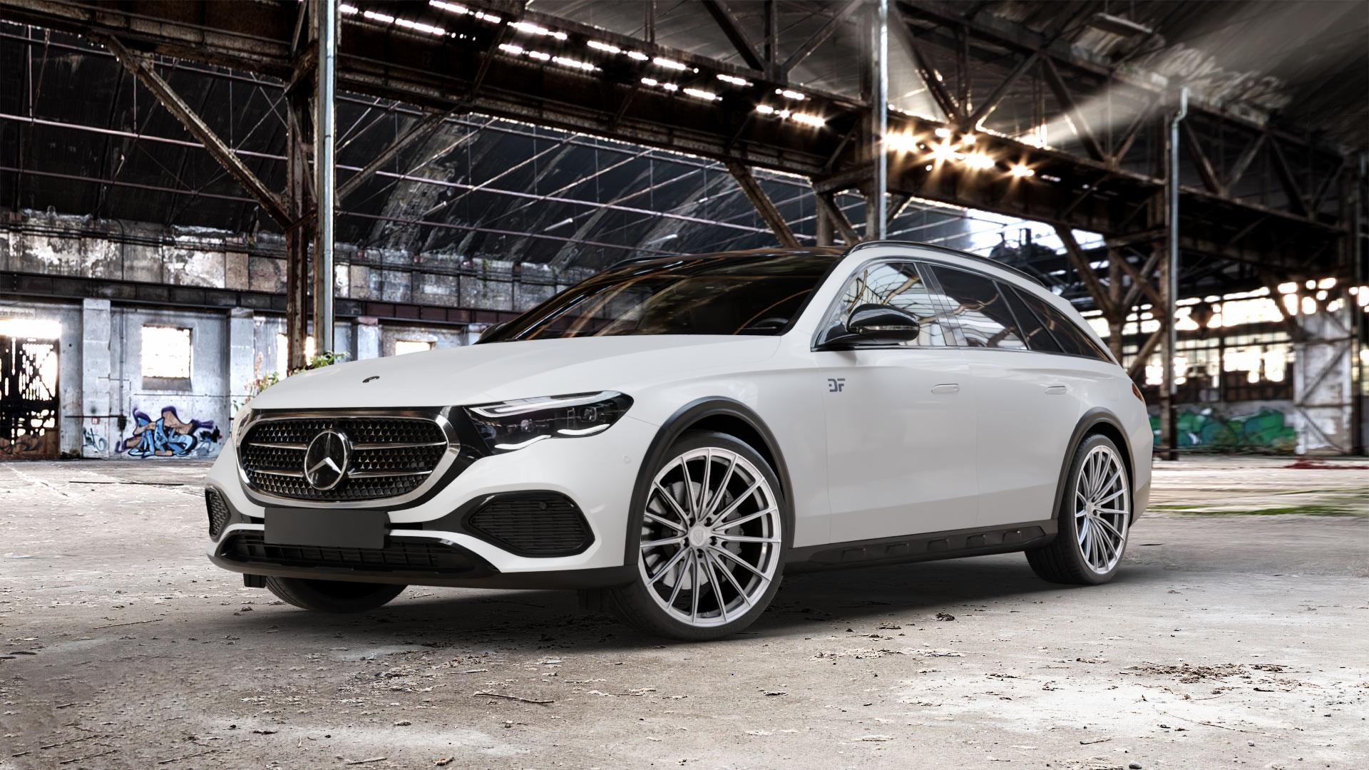 Raffa Wheels RFS-02 Silver Felge mit Reifen silber in 21Zoll Winterfelge Alufelge auf weissem Mercedes E-Klasse Typ S214 All-Terrain Coupe ⬇️ mit 15mm Tieferlegung ⬇️ Old Industrial Hall_max_5300mm_2024 Frontansicht_1