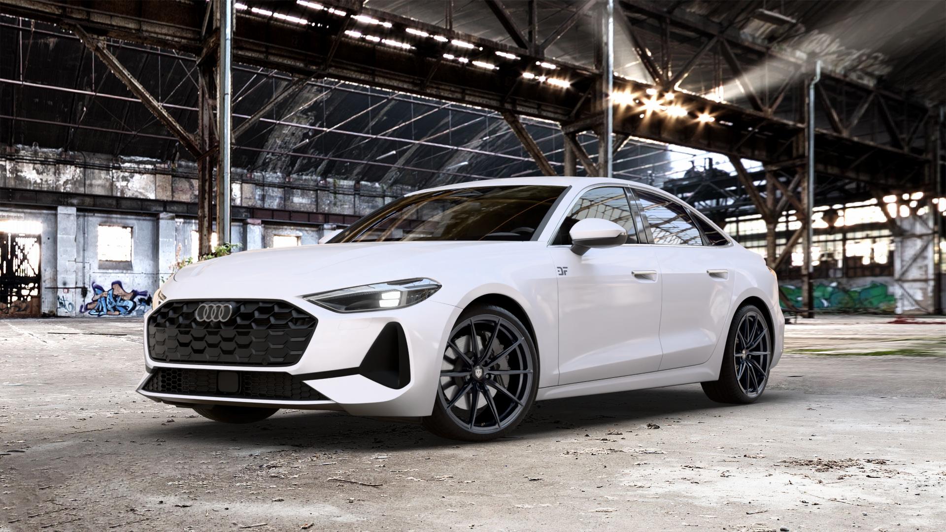 Raffa Wheels RFS-03 Black Matt Felge mit Reifen schwarz in 20Zoll Winterfelge Alufelge auf weissem Audi A5 Typ B10 (Limousine) 2,0l TDI 150kW Mild-Hybrid (204 PS) quattro TSI 110kW (150 3,0l S5 270kW (367 ⬇️ mit 15mm Tieferlegung ⬇️ Old Industrial Hall_max_5300mm_2024 Frontansicht_1