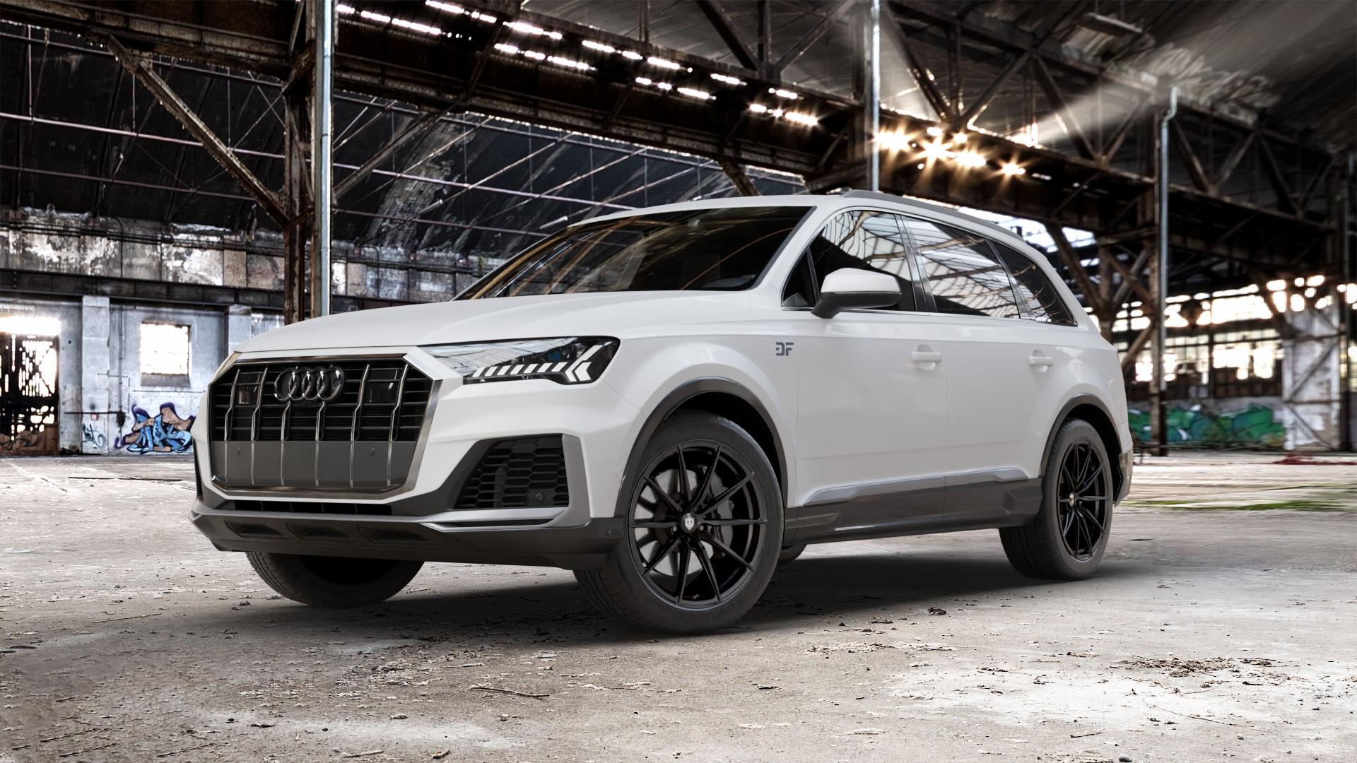 Raffa Wheels RFS-03 Black Matt Felge mit Reifen schwarz in 20Zoll Winterfelge Alufelge auf weissem Audi Q7 II Typ 4M (4L) Facelift 19-> ⬇️ mit 15mm Tieferlegung ⬇️ Old Industrial Hall_max_5300mm_2024 Frontansicht_1