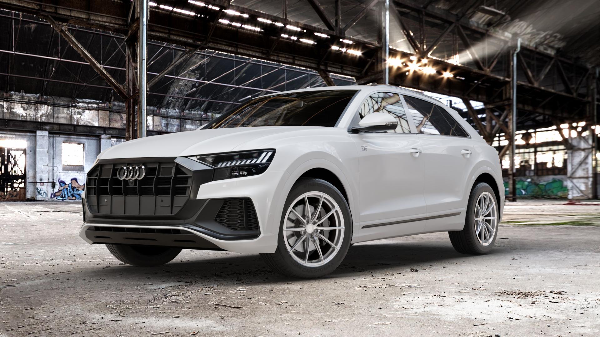 Raffa Wheels RFS-03 Silver Felge mit Reifen silber in 20Zoll Winterfelge Alufelge auf weissem Audi Q8 Typ 4M (4L) ⬇️ mit 15mm Tieferlegung ⬇️ Old Industrial Hall_max_5300mm_2024 Frontansicht_1