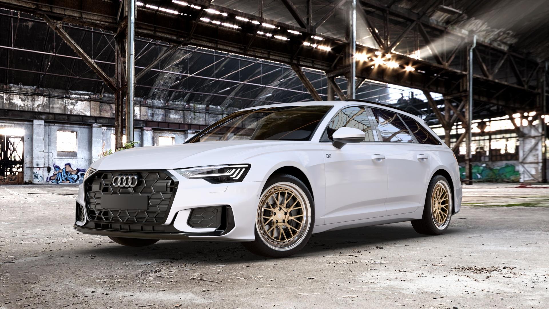 Raffa Wheels RFS-04 Champagner Polished Lip Felge mit Reifen gold in 20Zoll Alufelge auf weissem Audi A6 Typ F2/C8 (Avant) Facelift 2,0l 35 TDI 120kW Mild-Hybrid (163 PS) 40 150kW (204 quattro TFSI 3,0l 45 180kW (245 195kW (265 50 210kW (286 e Hybrid 55 250k ⬇️ mit 15mm Tieferlegung ⬇️ Old Industrial Hall_max_5300mm_2024 Frontansicht_1