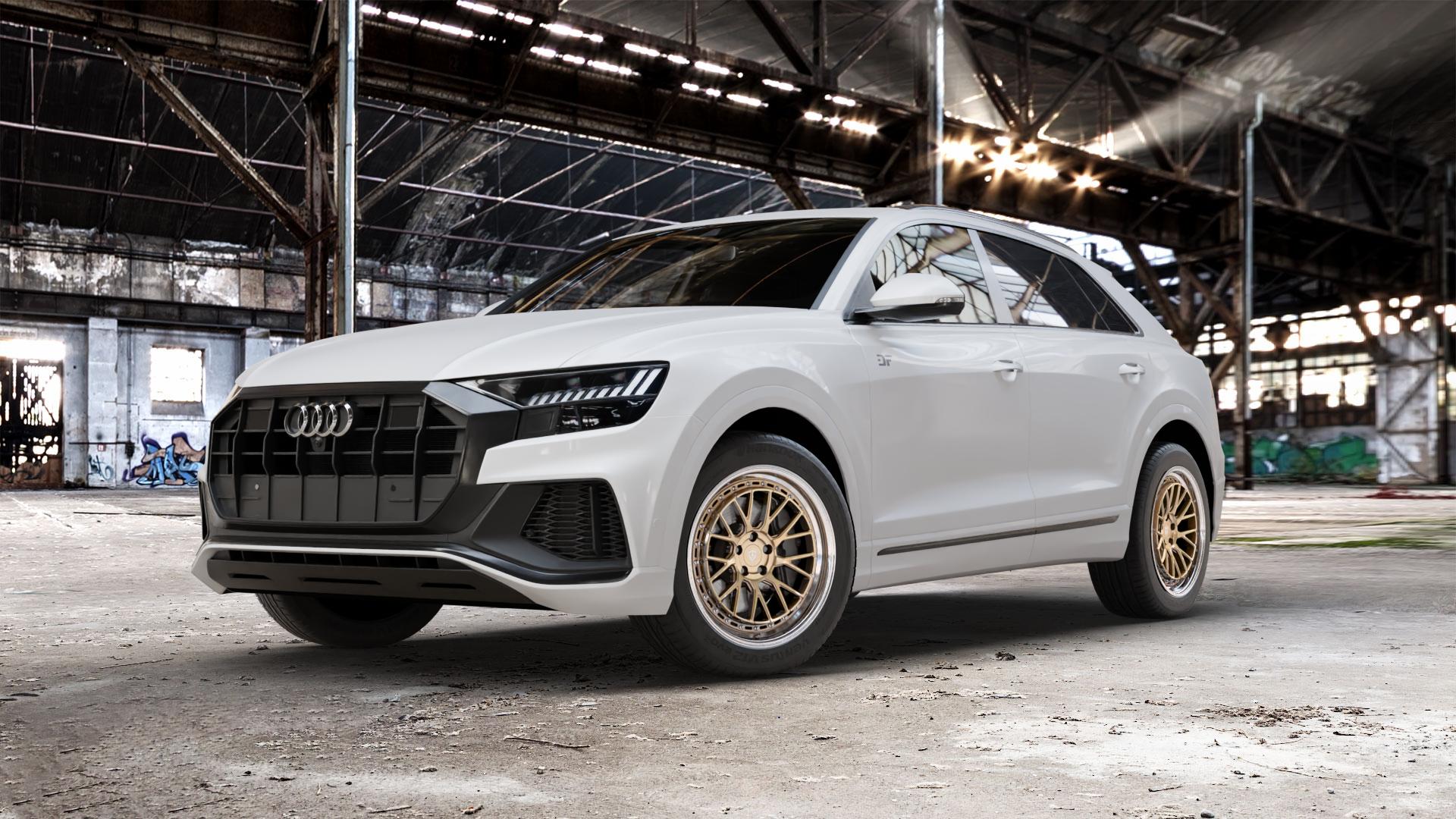 Raffa Wheels RFS-04 Champagner Polished Lip Felge mit Reifen gold in 20Zoll Alufelge auf weissem Audi Q8 Typ 4M (4L) ⬇️ mit 15mm Tieferlegung ⬇️ Old Industrial Hall_max_5300mm_2024 Frontansicht_1