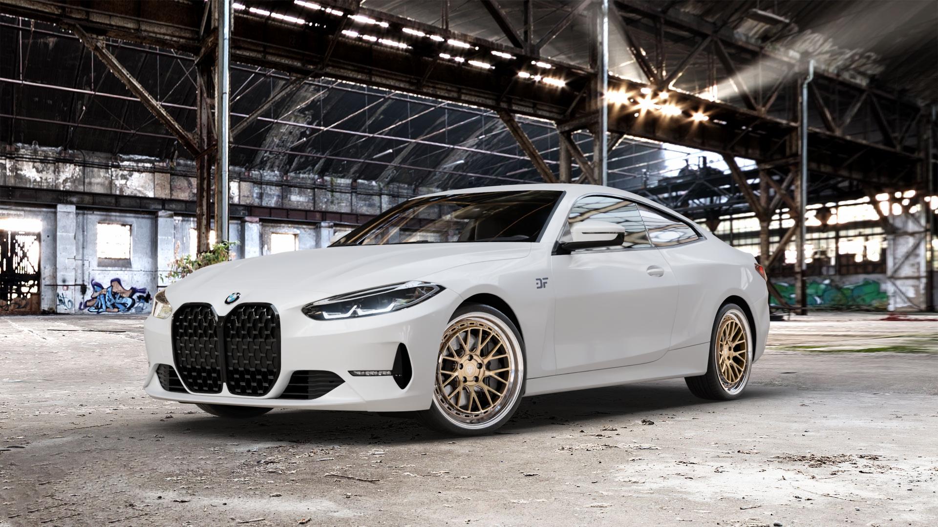 Raffa Wheels RFS-04 Champagner Polished Lip Felge mit Reifen gold in 20Zoll Alufelge auf weissem BMW M4 Typ G82 (Coupe) CSL 4er G22 Coupé (G3C) ⬇️ mit 15mm Tieferlegung ⬇️ Old Industrial Hall_max_5300mm_2024 Frontansicht_1