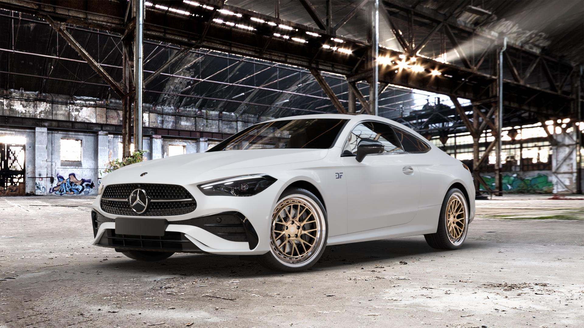 Raffa Wheels RFS-04 Champagner Polished Lip Felge mit Reifen gold in 20Zoll Alufelge auf weissem Mercedes CLE Typ C236 Coupe ⬇️ mit 15mm Tieferlegung ⬇️ Old Industrial Hall_max_5300mm_2024 Frontansicht_1