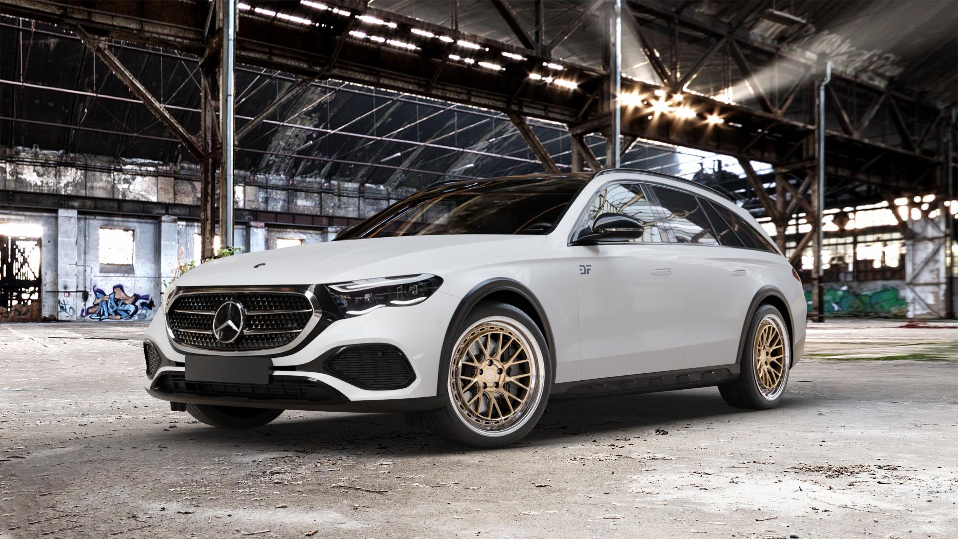 Raffa Wheels RFS-04 Champagner Polished Lip Felge mit Reifen gold in 20Zoll Alufelge auf weissem Mercedes E-Klasse Typ S214 All-Terrain Coupe ⬇️ mit 15mm Tieferlegung ⬇️ Old Industrial Hall_max_5300mm_2024 Frontansicht_1