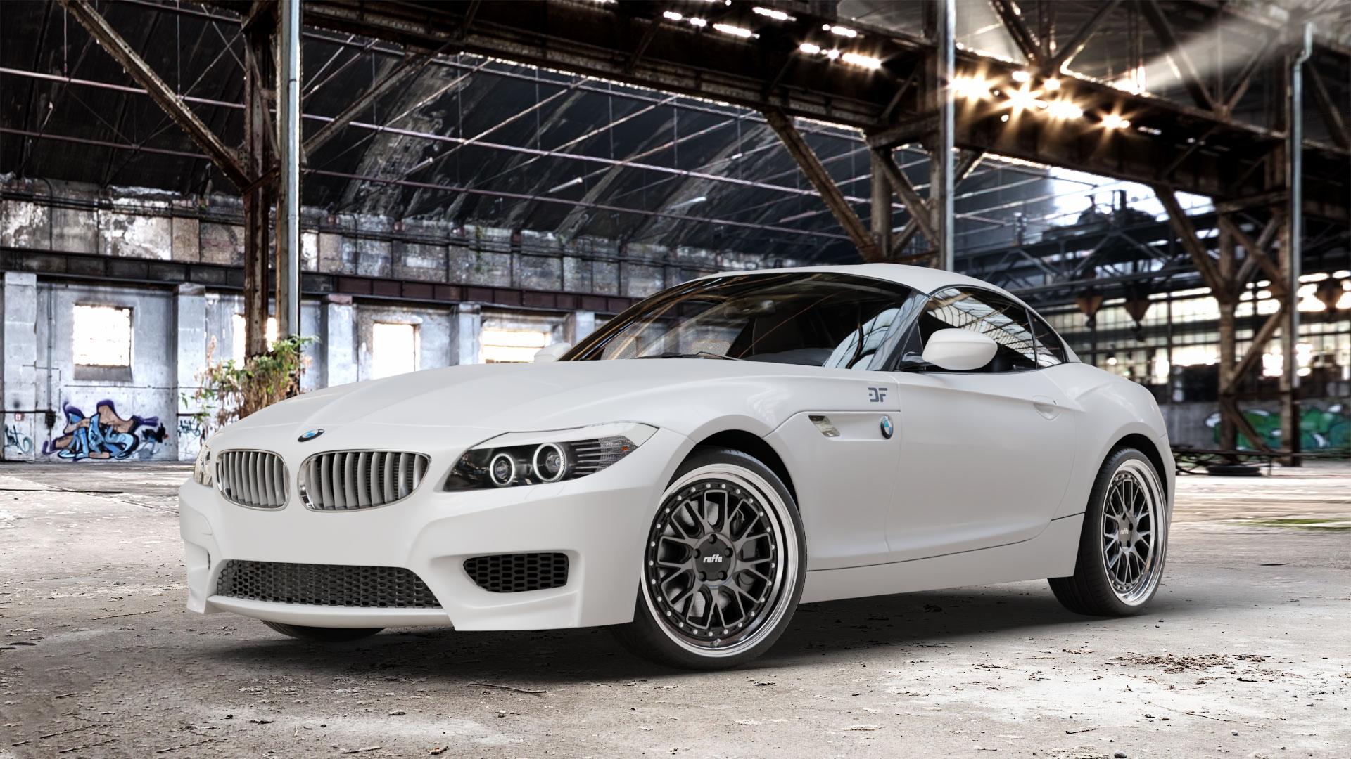 Raffa Wheels RS-03 Dark Mist Polished Felge mit Reifen mehrfarbig in 19Zoll Alufelge auf weissem BMW Z4 Roadster Typ E89 (Z89, ZR) ⬇️ mit 15mm Tieferlegung ⬇️ Old Industrial Hall_max_4400mm_2024 Frontansicht_1