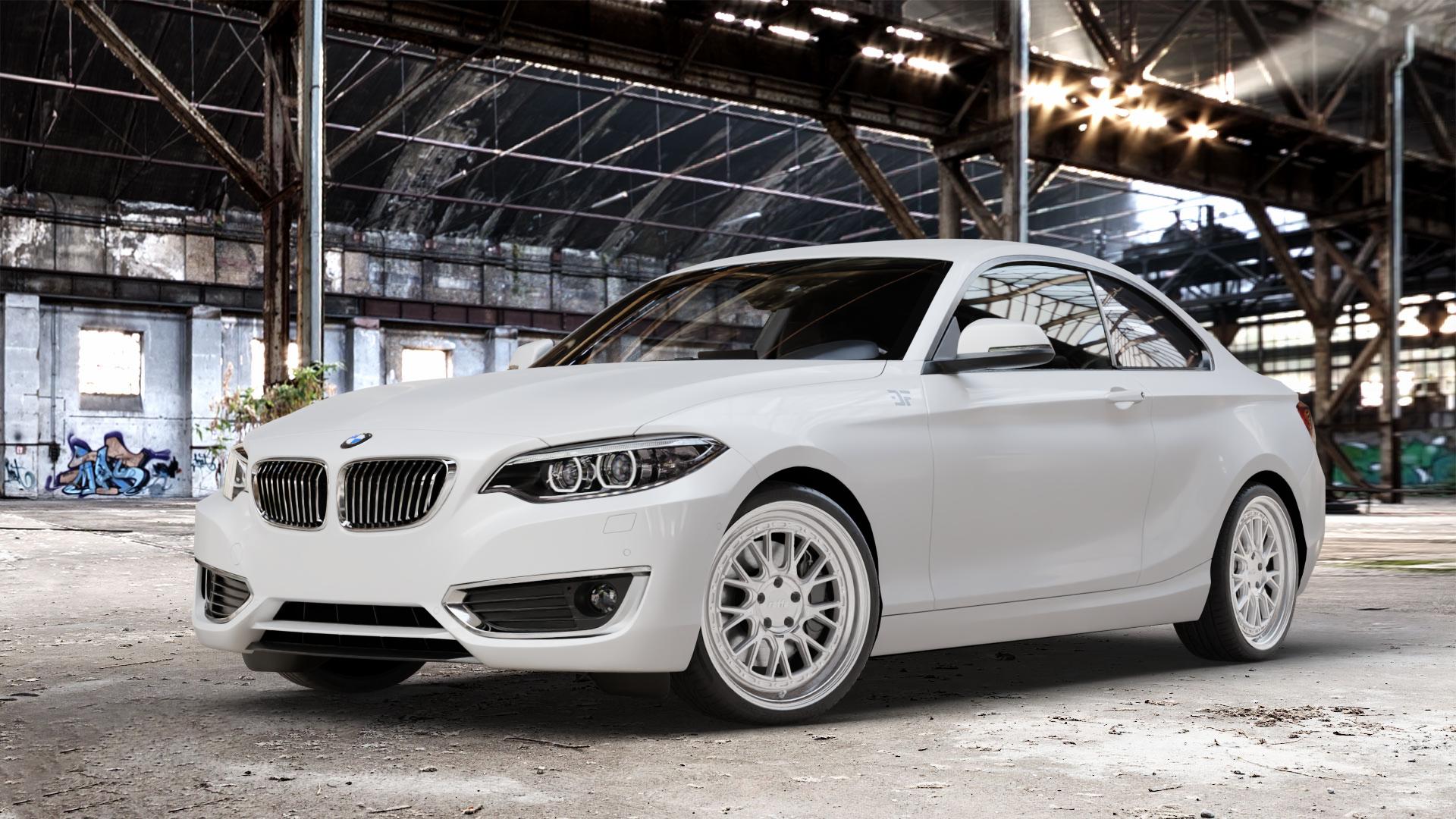 Raffa Wheels RS-03 Silver Polished Felge mit Reifen silber in 19Zoll Alufelge auf weissem BMW 220d Typ F22 (Coupé) 220i 218d 225d 228i 218i xDrive 230i 2er Coupé (1C) ⬇️ mit 15mm Tieferlegung ⬇️ Old Industrial Hall_max_4400mm_2024 Frontansicht_1