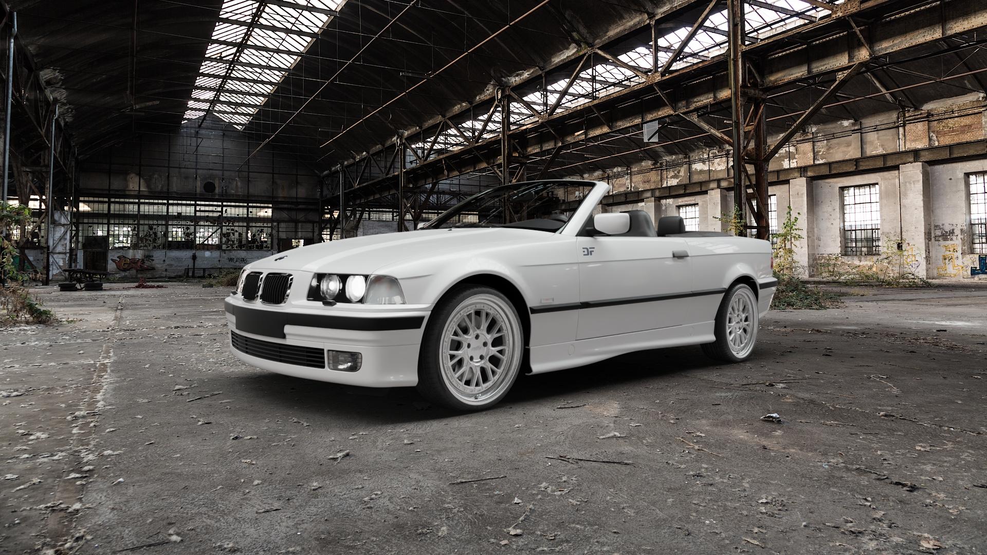 Raffa Wheels RS-03 Silver Polished Felge mit Reifen silber in 19Zoll Alufelge auf weissem BMW 318i Typ E36 (Cabrio) 320i 323i 325i 328i 3er Cabrio (3/B) ⬇️ mit 15mm Tieferlegung ⬇️ Old Industrial Hall_max5000mm_2022 Frontansicht_1