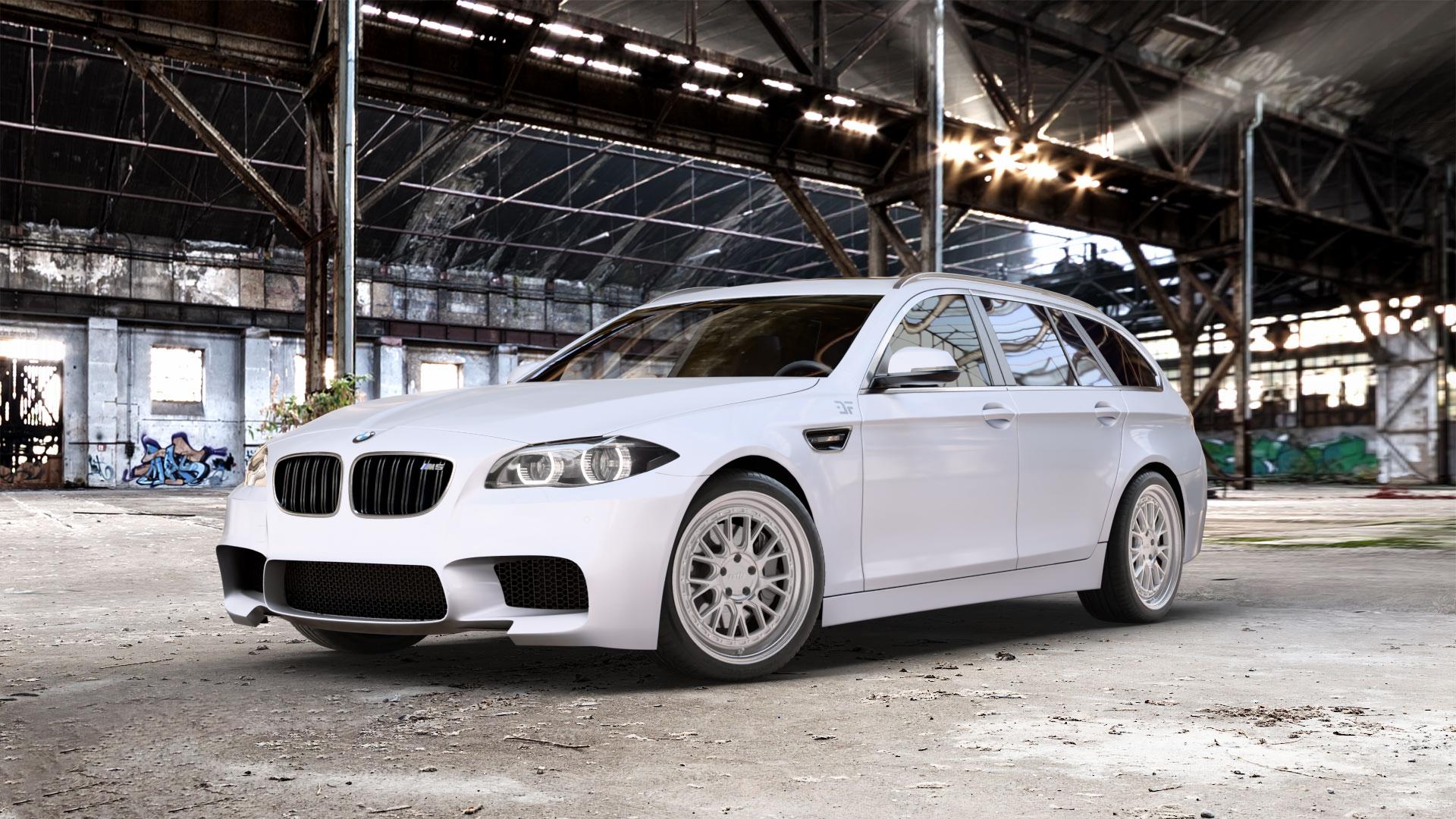 Raffa Wheels RS-03 Silver Polished Felge mit Reifen silber in 19Zoll Alufelge auf weissem BMW M550d xDrive Typ F11 (Touring) 3,0l 280kW (381 PS) ⬇️ mit 15mm Tieferlegung ⬇️ Old Industrial Hall_max_5300mm_2024 Frontansicht_1