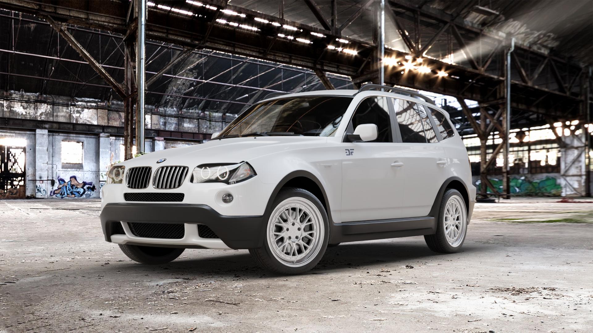 Raffa Wheels RS-03 Silver Polished Felge mit Reifen silber in 19Zoll Alufelge auf weissem BMW X3 Typ E83 (X83) ⬇️ mit 15mm Tieferlegung ⬇️ Old Industrial Hall_max_5300mm_2024 Frontansicht_1