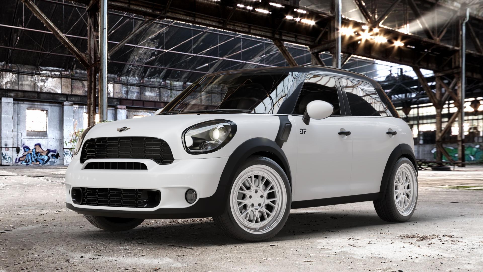 Raffa Wheels RS-03 Silver Polished Felge mit Reifen silber in 19Zoll Alufelge auf weissem Mini R60 Typ UKL/X (Countryman) UKL-N1 ⬇️ mit 15mm Tieferlegung ⬇️ Old Industrial Hall_max_4400mm_2024 Frontansicht_1