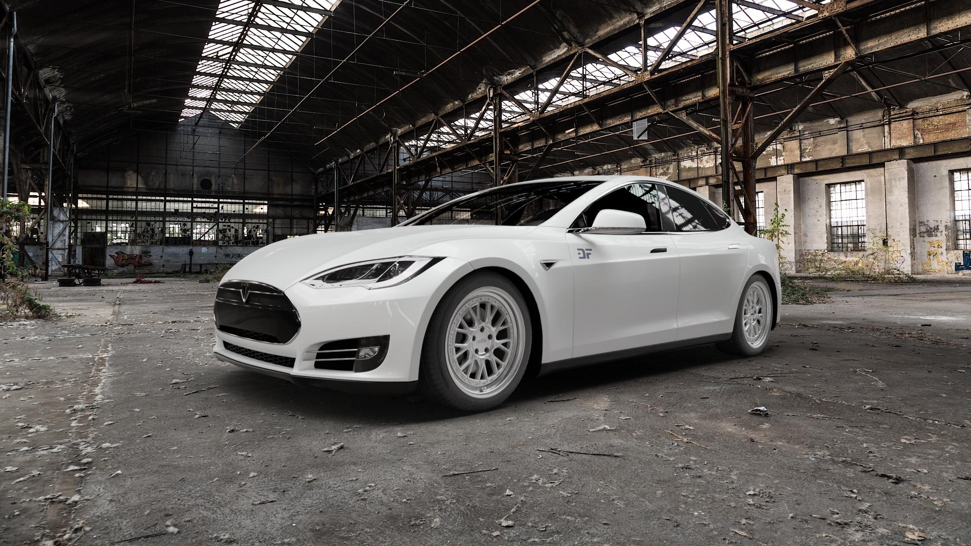 Raffa Wheels RS-03 Silver Polished Felge mit Reifen silber in 19Zoll Alufelge auf weissem Tesla Model S Typ 002 ⬇️ mit 15mm Tieferlegung ⬇️ Old Industrial Hall_max5000mm_2022 Frontansicht_1